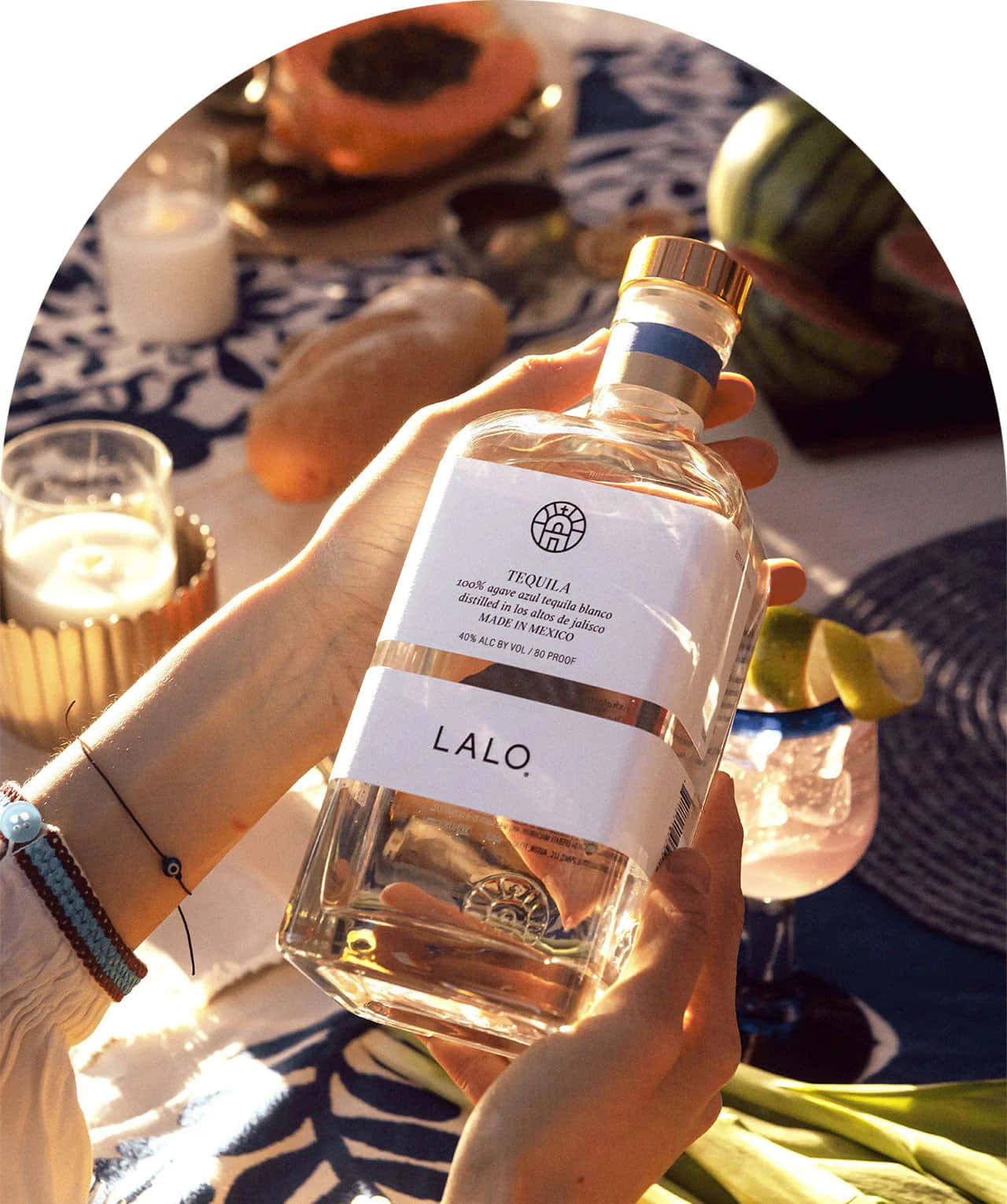 Lalo Tequila, clear bottle, sunlit outdoor table, HD Phone Wallpaper