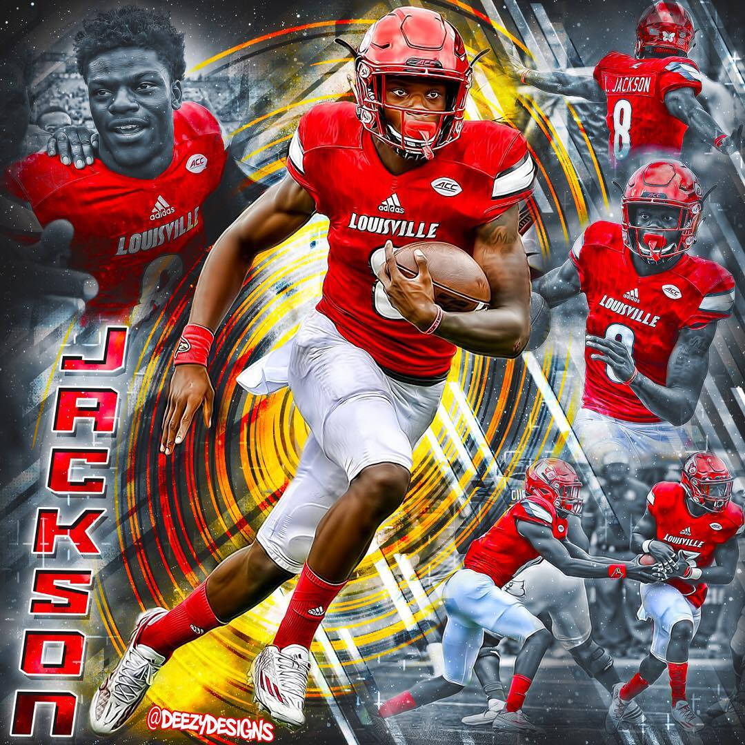 Lamar Jackson, red Louisville gear, sprinting with a ball, SD Desktop Wallpaper