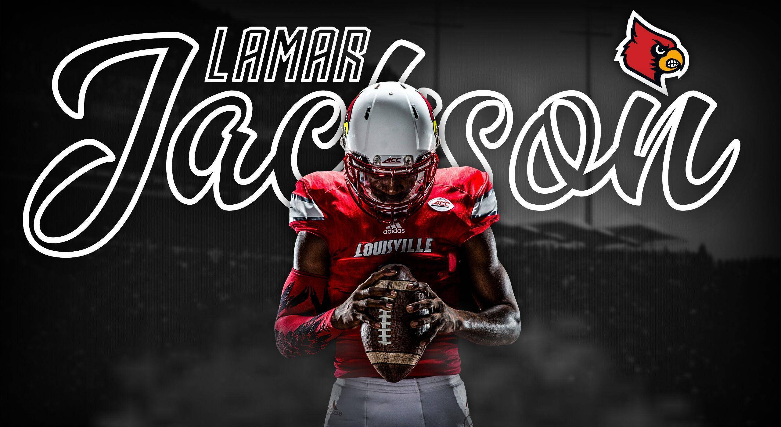 Lamar Jackson, red Louisville uniform, dark stadium backdrop, 2K Desktop Wallpaper
