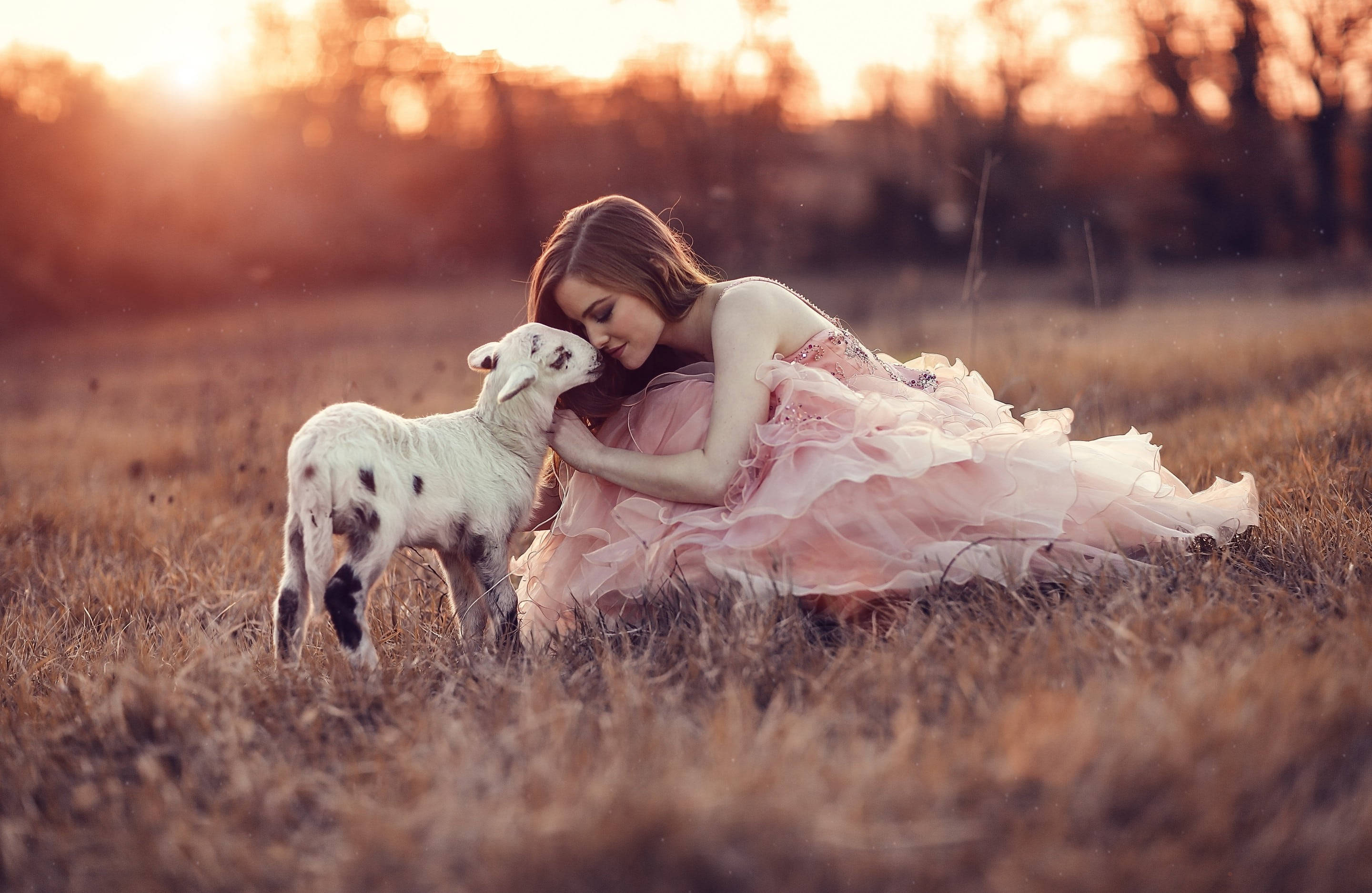 Lamb, girl, vintage aesthetic, 2K Desktop Wallpaper