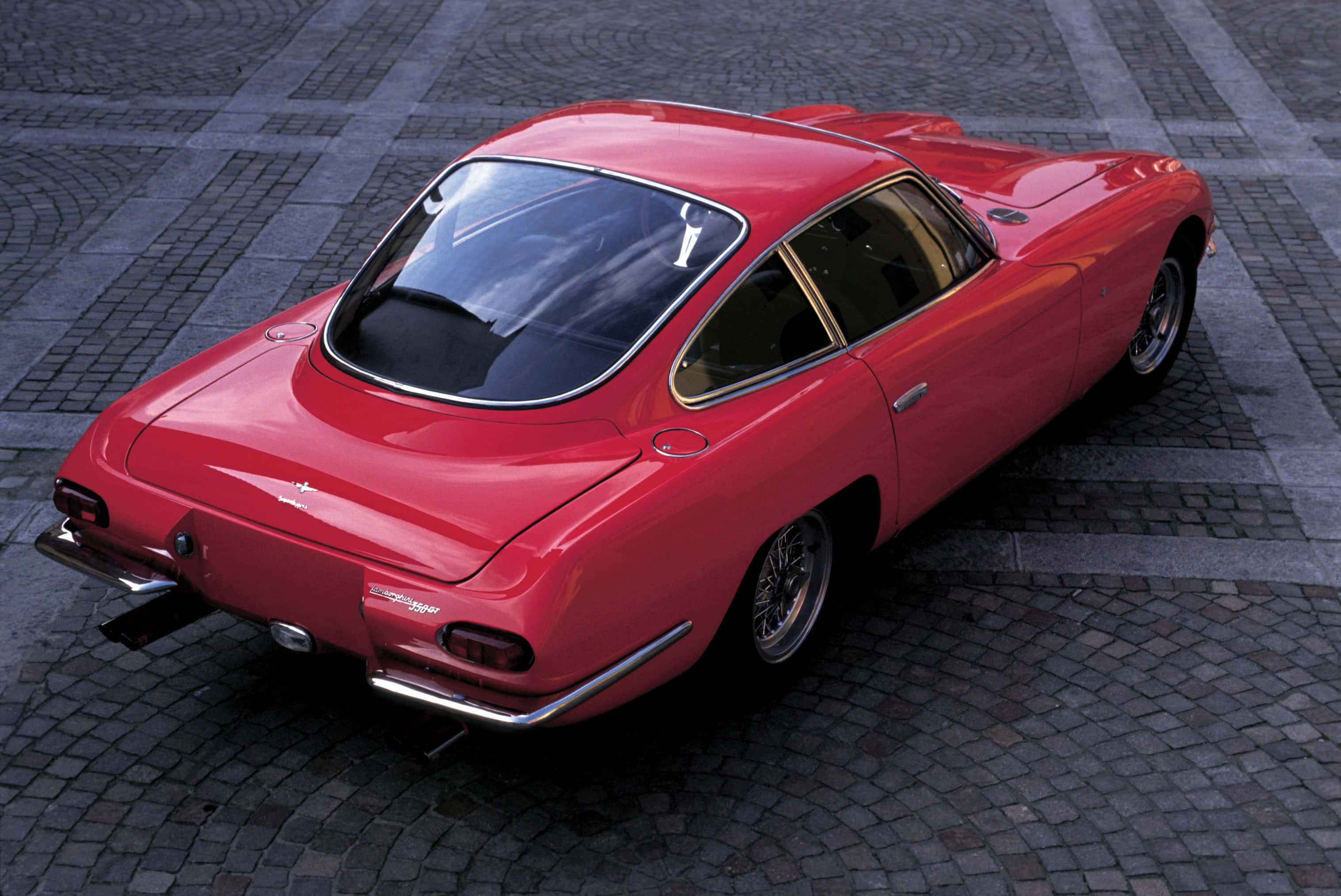 Lamborghini 350 GT, glossy red, chrome accents, 2K Desktop Wallpaper