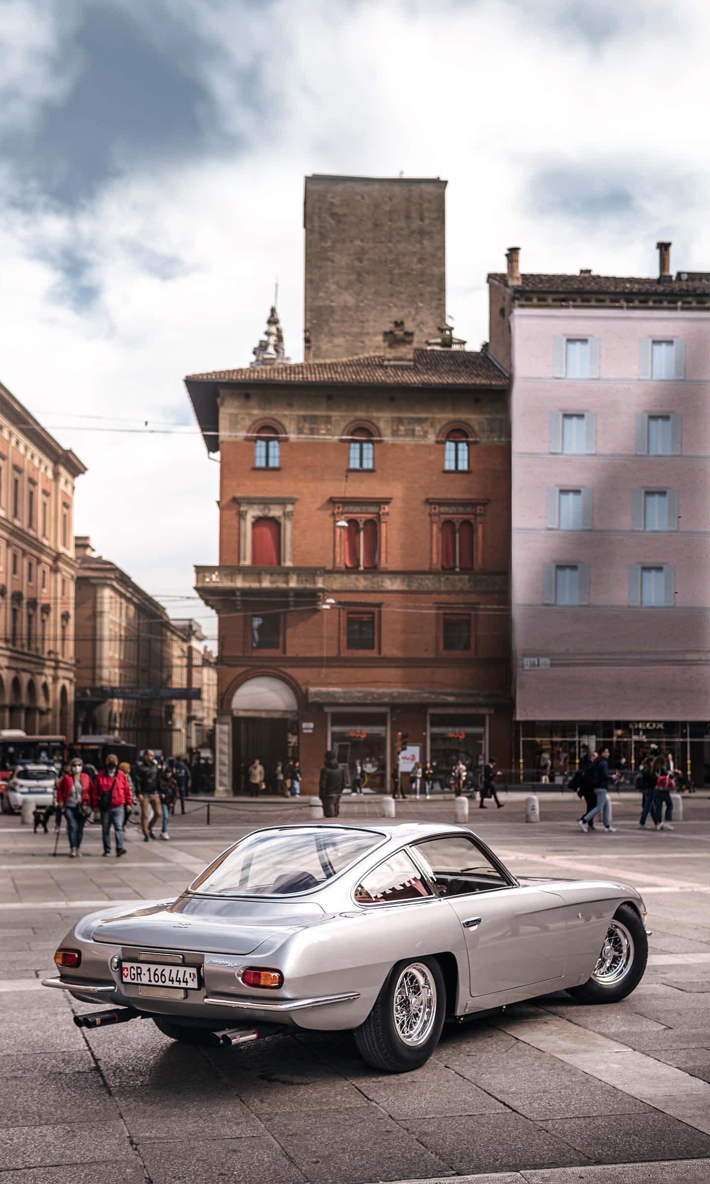 Lamborghini 350 GT, silver, cobblestone plaza, Full HD Phone Wallpaper