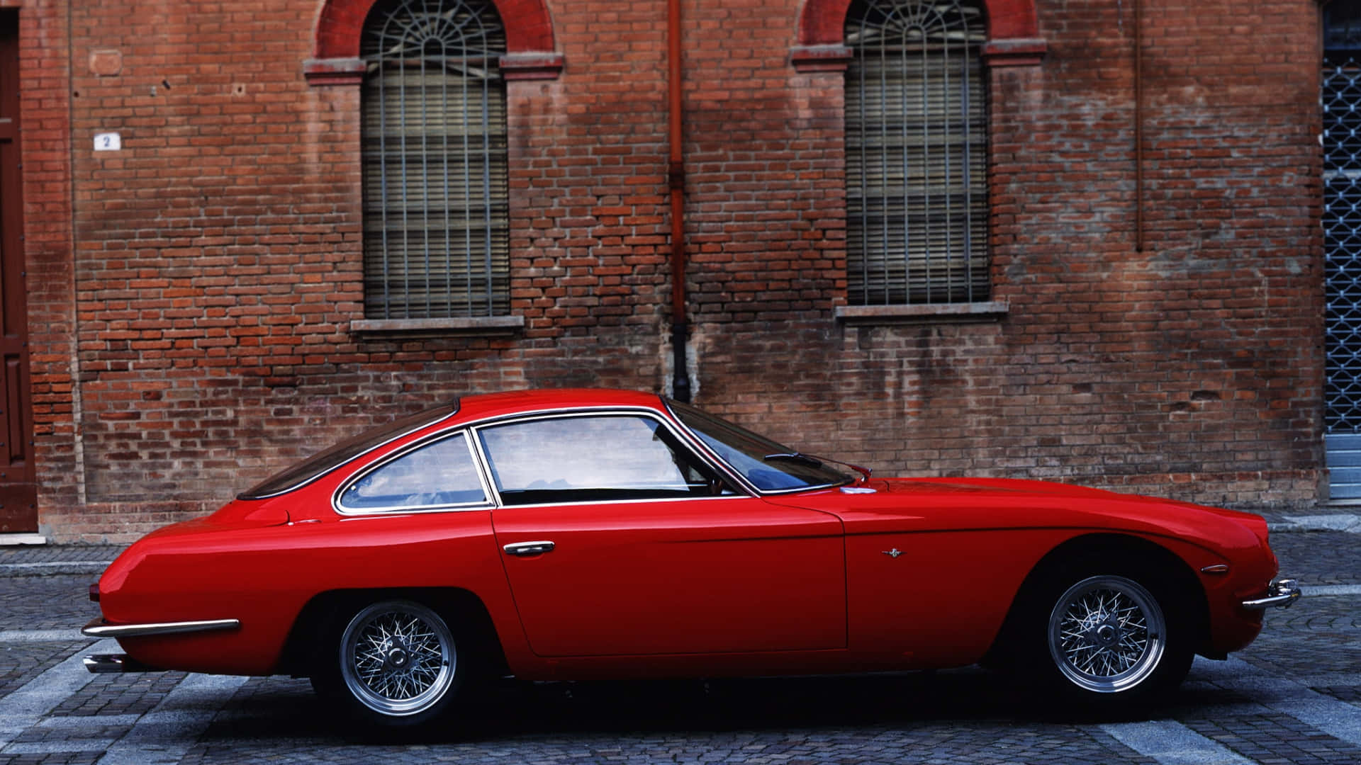 Lamborghini 350 GT, vibrant red, cobblestone street, Full HD Desktop Wallpaper