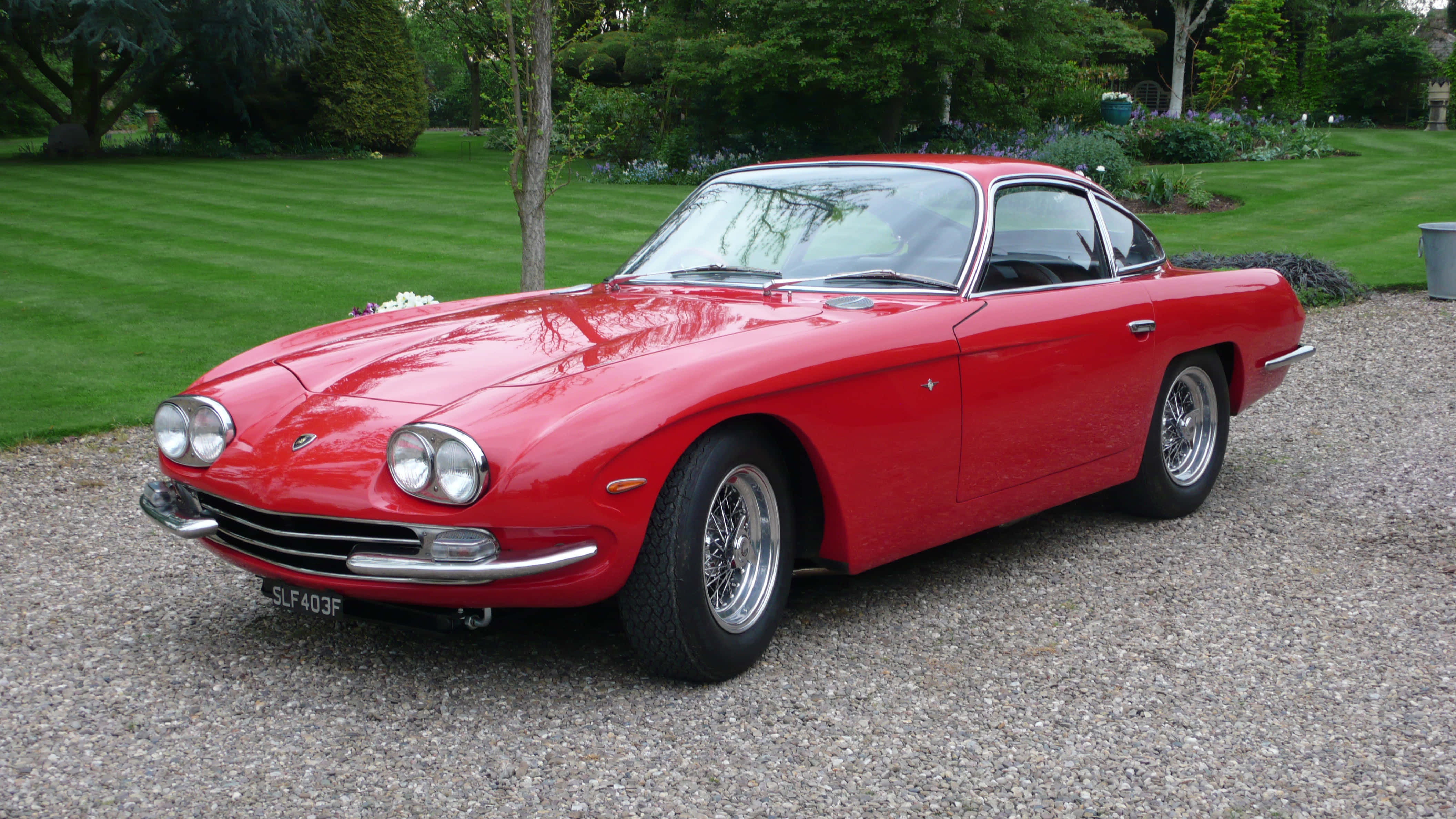 Lamborghini 400 Gt, glossy red, chrome details, 4K Desktop Wallpaper