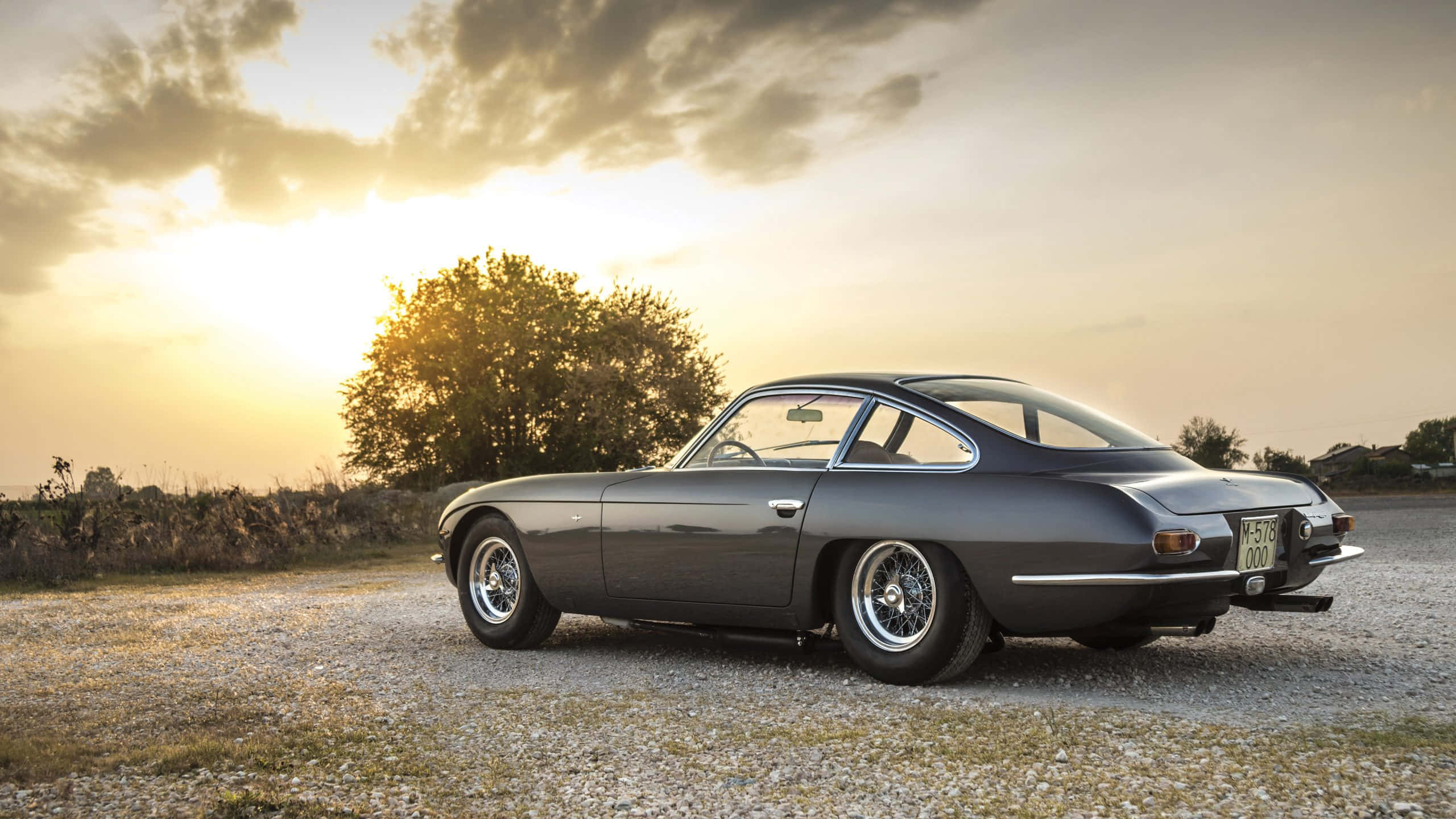 Lamborghini 400 GT, dark gray, golden sunset, 2K Desktop Wallpaper