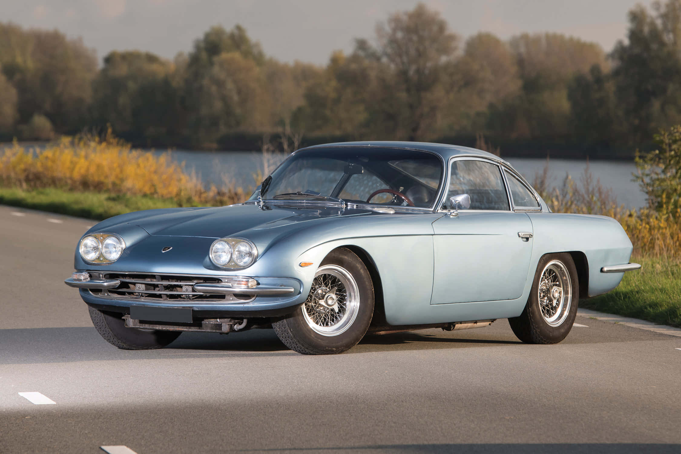 Lamborghini 400 GT, light blue, calm lake, Full HD Desktop Wallpaper