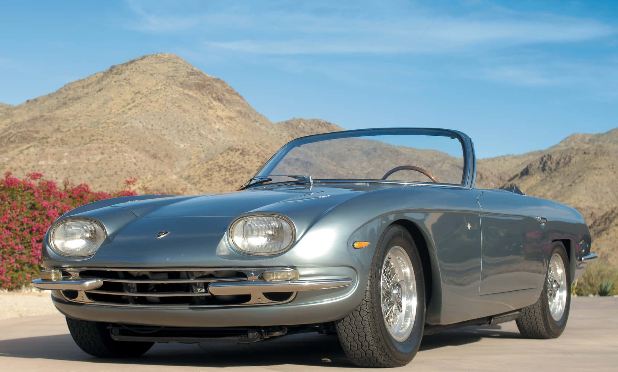 Lamborghini 400 GT, silver, desert road, Full HD Desktop Wallpaper