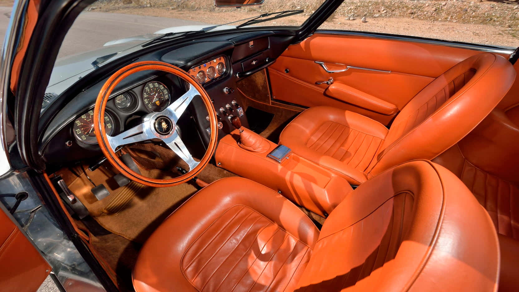 Lamborghini 400 GT, vibrant orange leather interior, wooden steering wheel, HD Desktop Wallpaper
