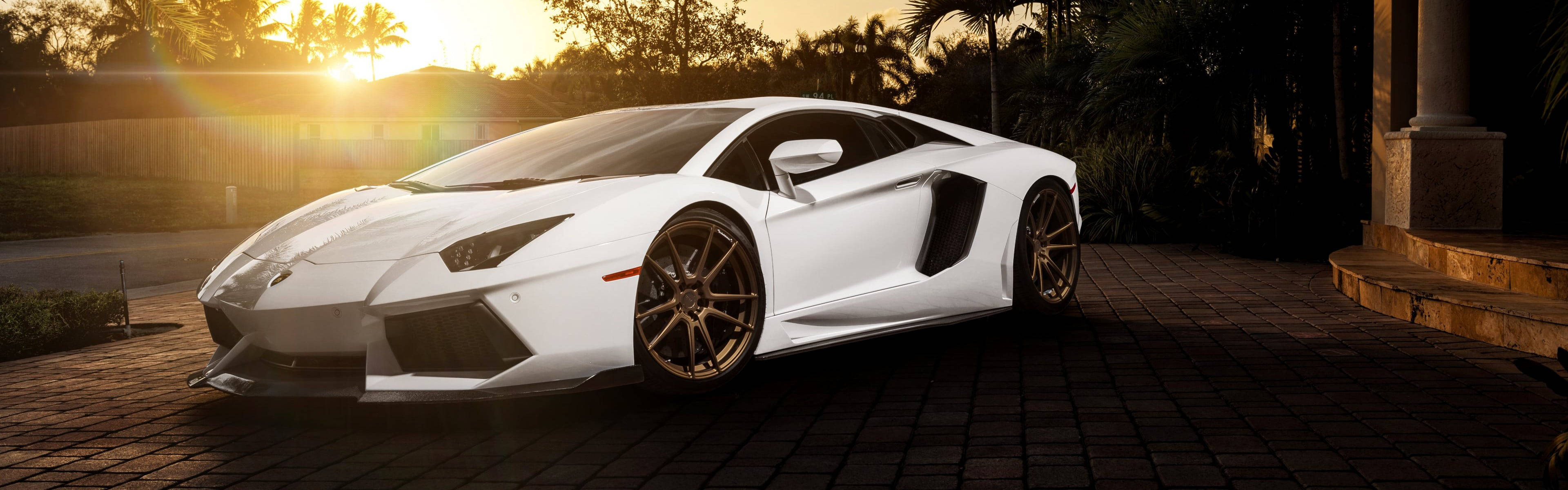 Lamborghini Aventador, white, golden sunset light, 4K Desktop Wallpaper
