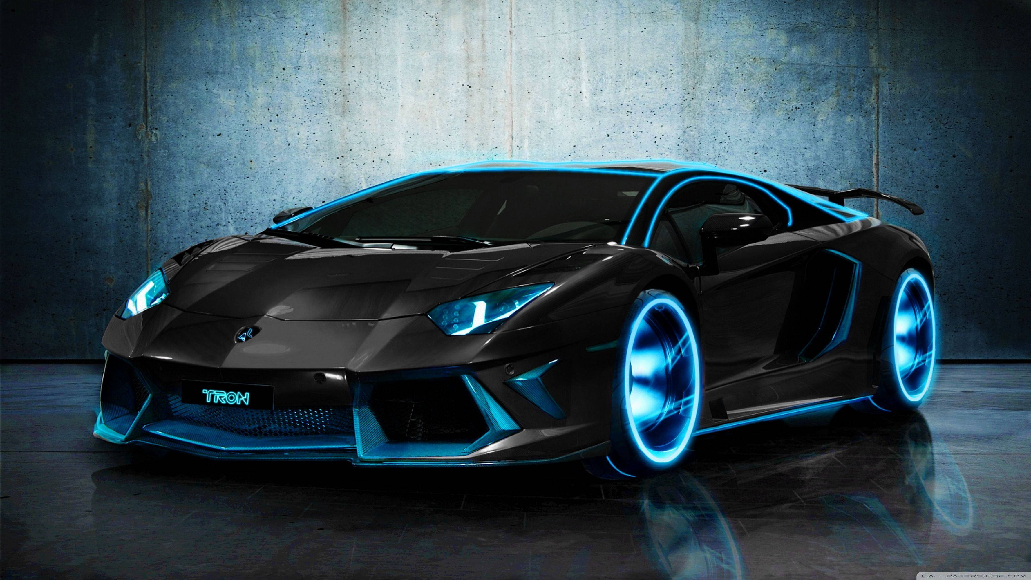 Lamborghini Aventador, sleek black, glowing blue neon accents, 2K Desktop Wallpaper