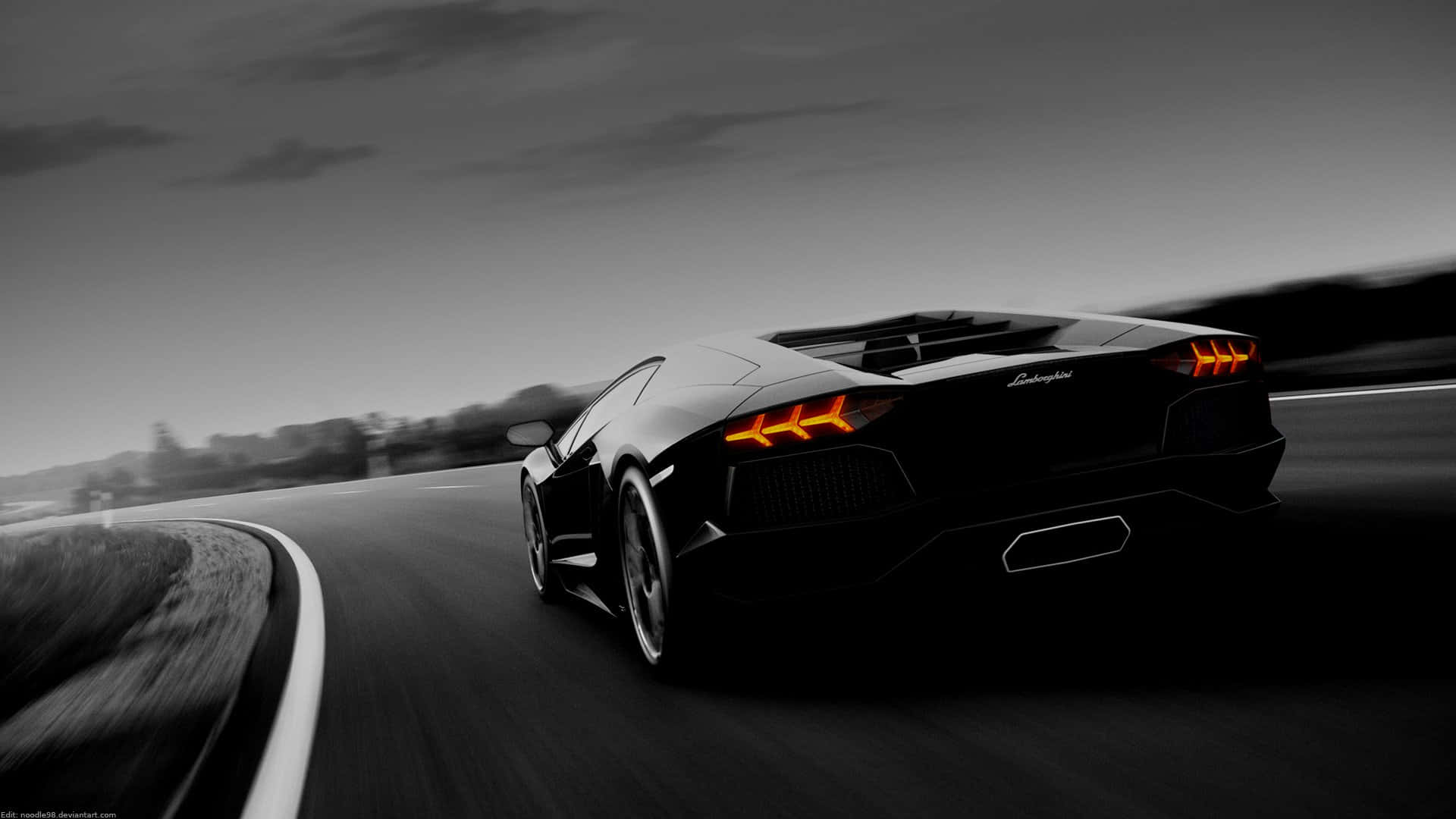 Lamborghini Aventador, black, glowing orange taillights, Full HD Desktop Wallpaper