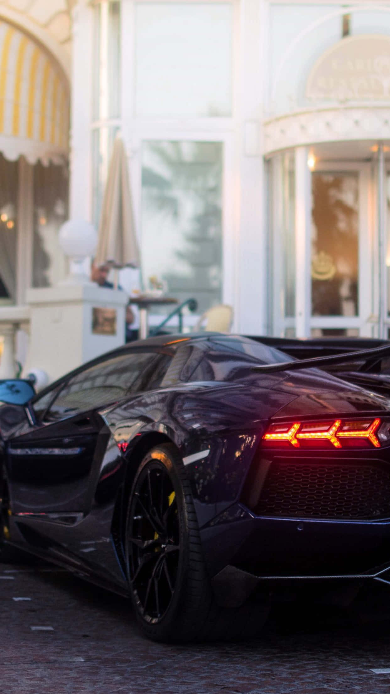 Lamborghini Aventador, black, cobblestone street, Full HD Phone Wallpaper