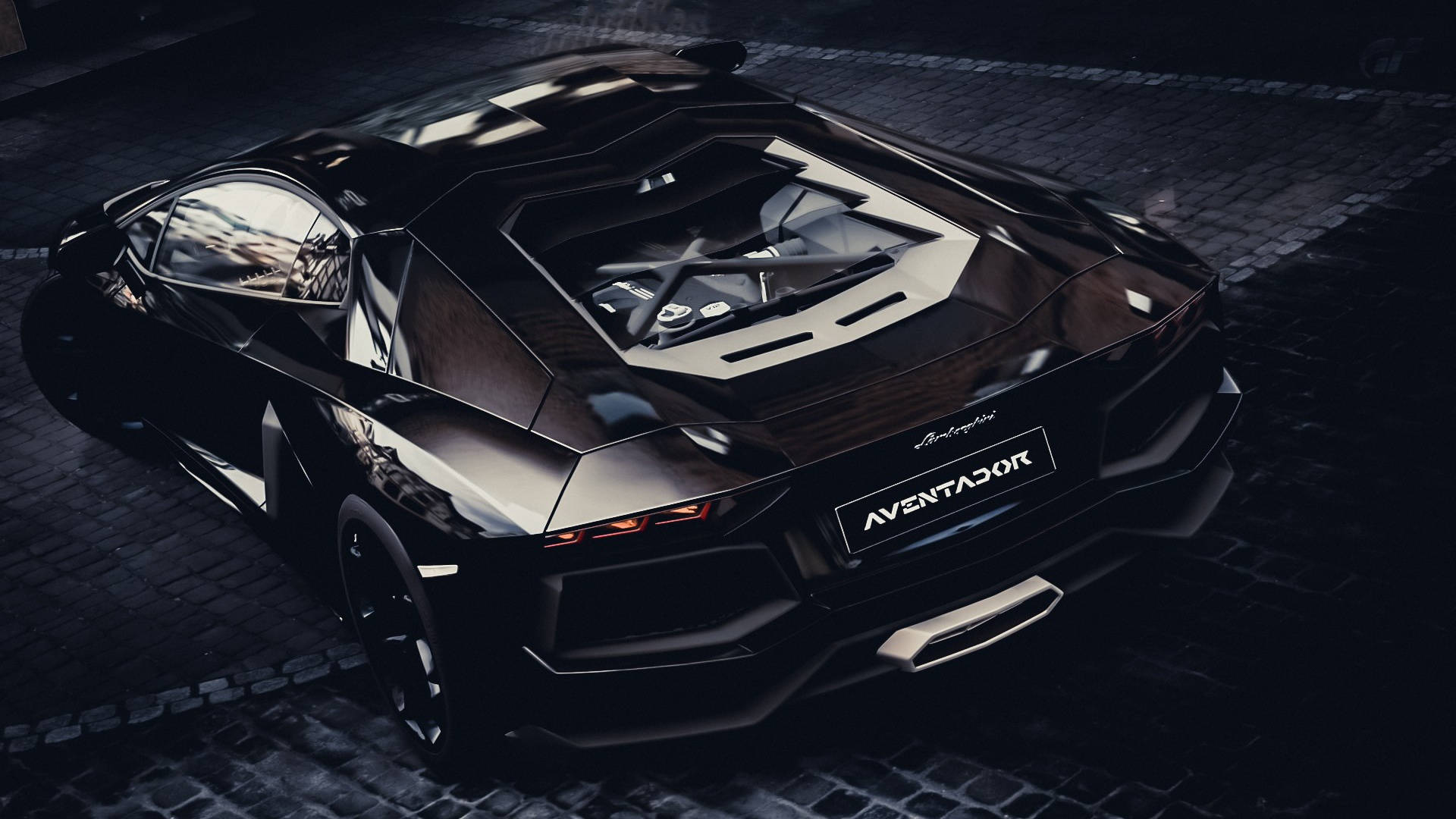 Lamborghini Aventador, polished black, engine cover open, Full HD Desktop Wallpaper