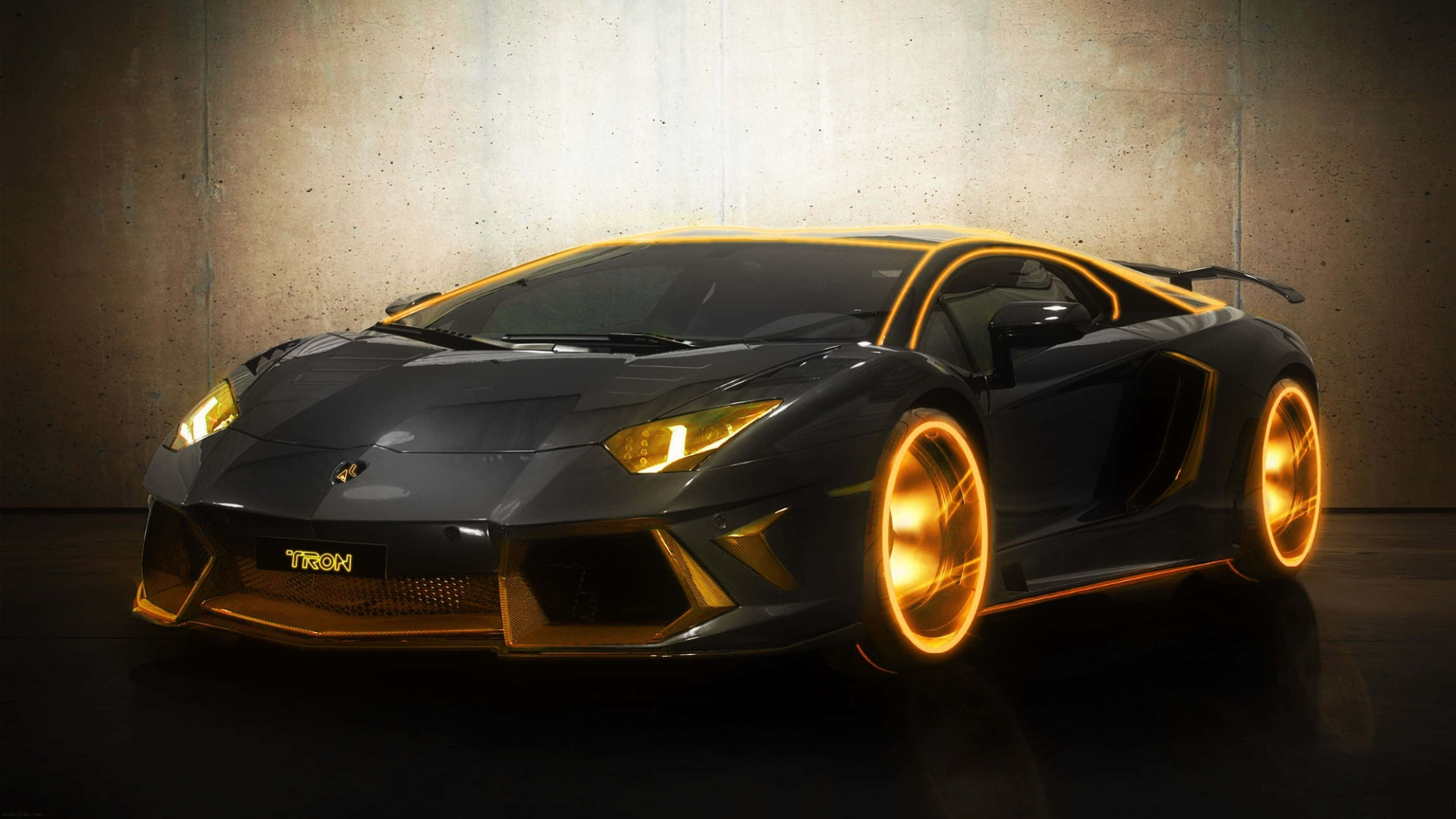 Lamborghini Aventador, black, glowing gold accents, 4K Desktop Wallpaper