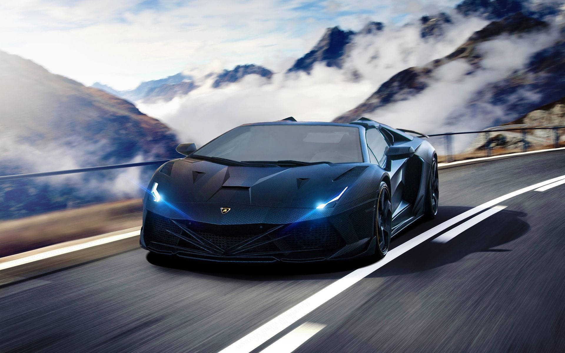 Lamborghini Aventador, sleek black, mountain road, Full HD Desktop Wallpaper