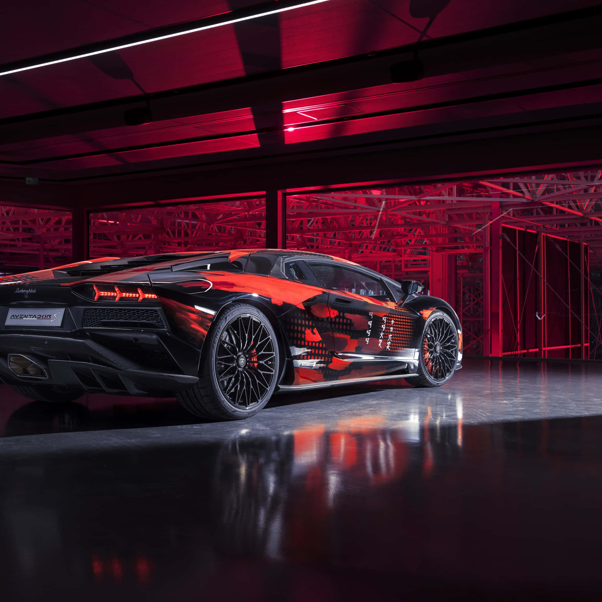 Lamborghini Aventador, black and red, Japanese characters, Full HD Desktop Wallpaper