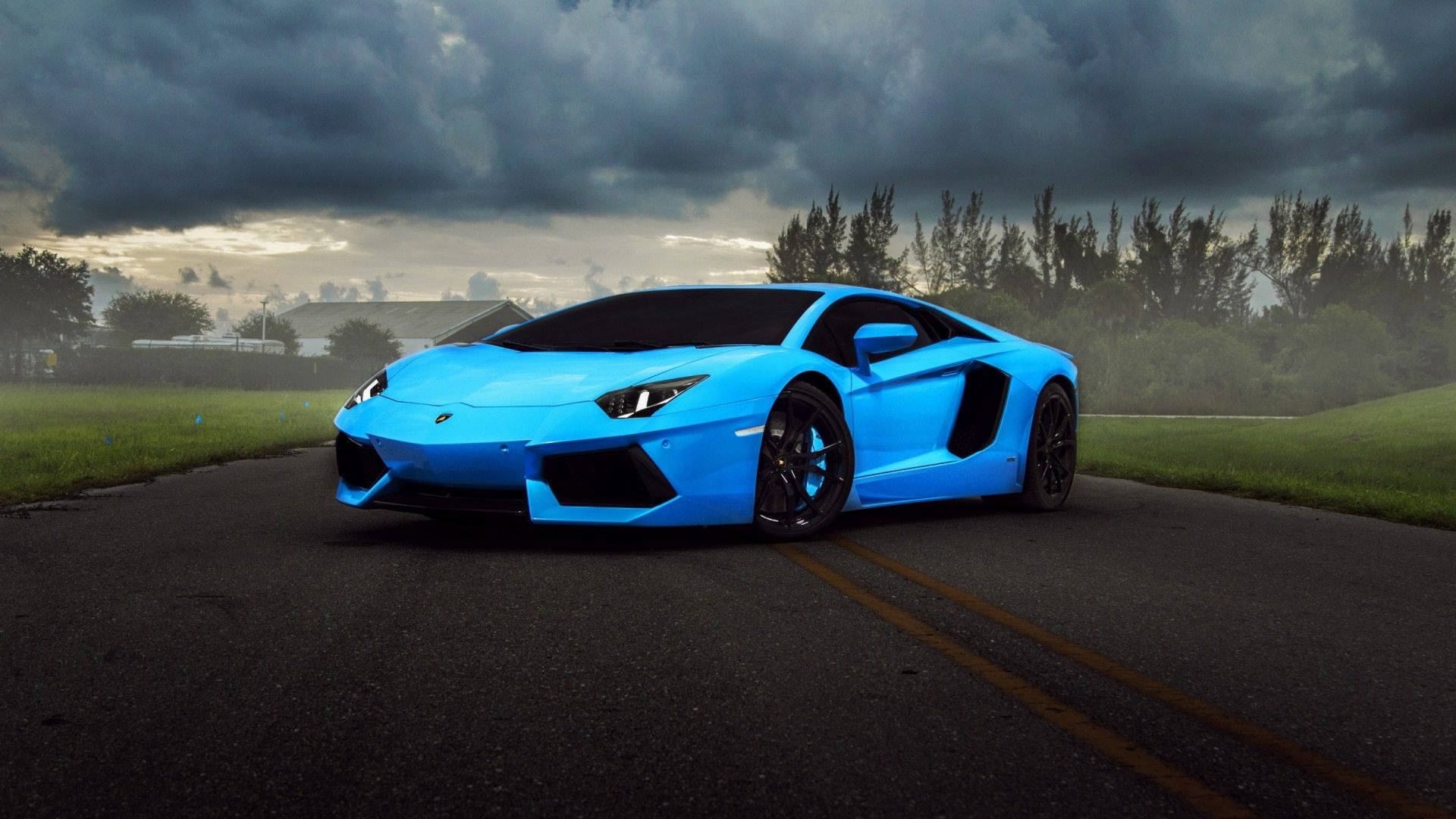 Lamborghini Aventador, blue, wet road, Full HD Desktop Wallpaper