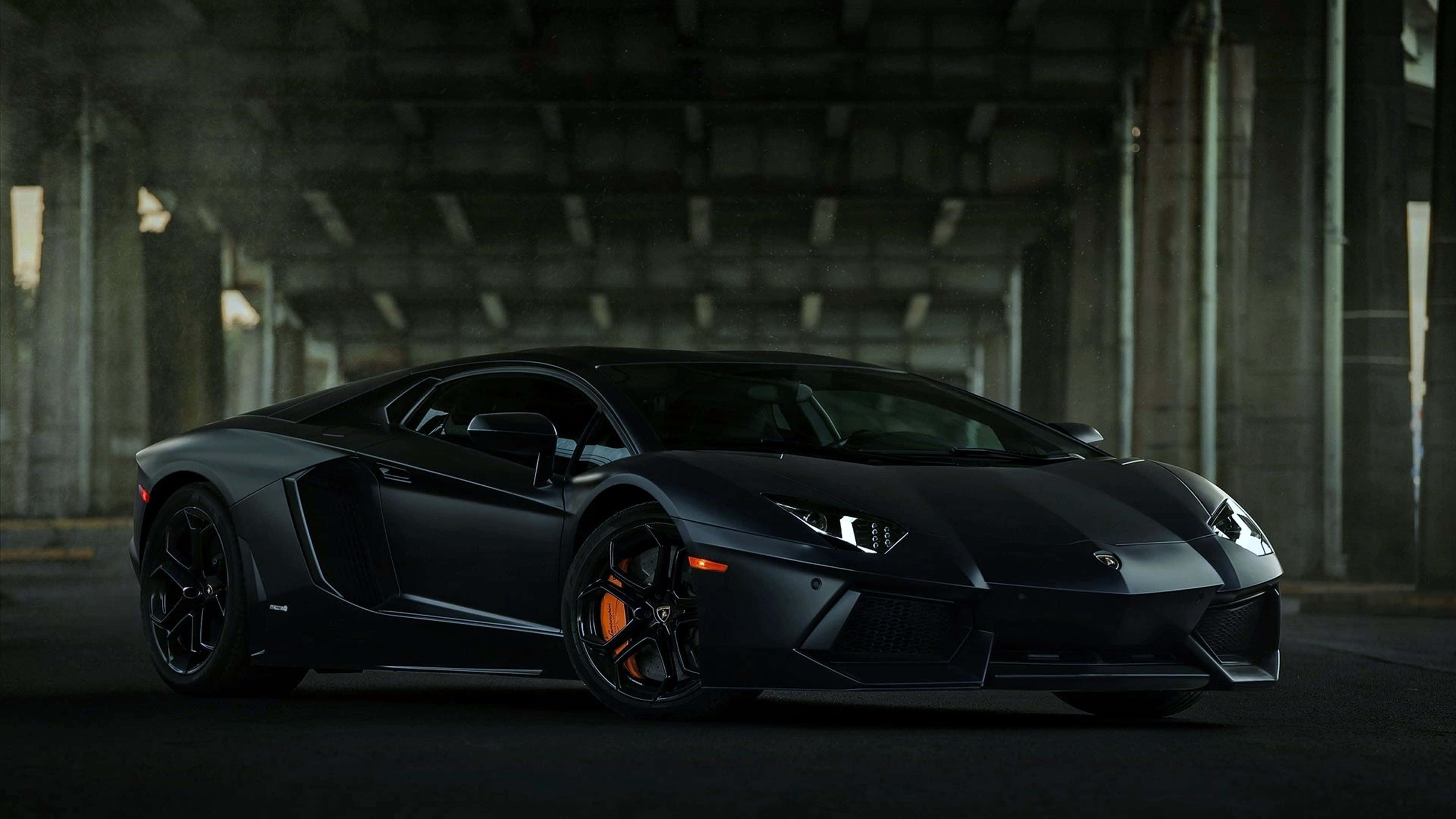 Lamborghini Aventador, matte black, orange brake calipers, 4K Desktop Wallpaper