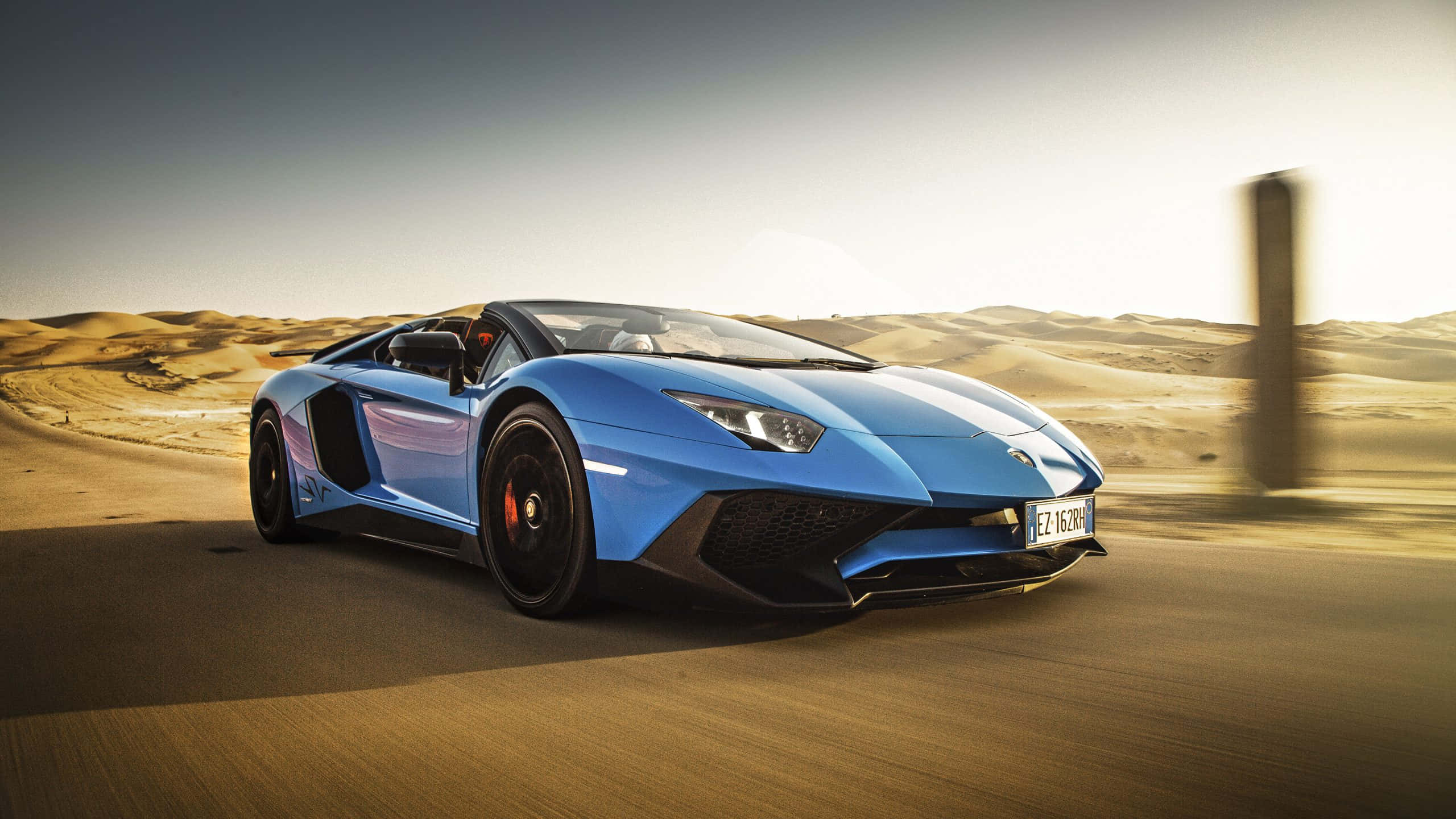 Lamborghini Aventador, blue, desert landscape, 2K Desktop Wallpaper