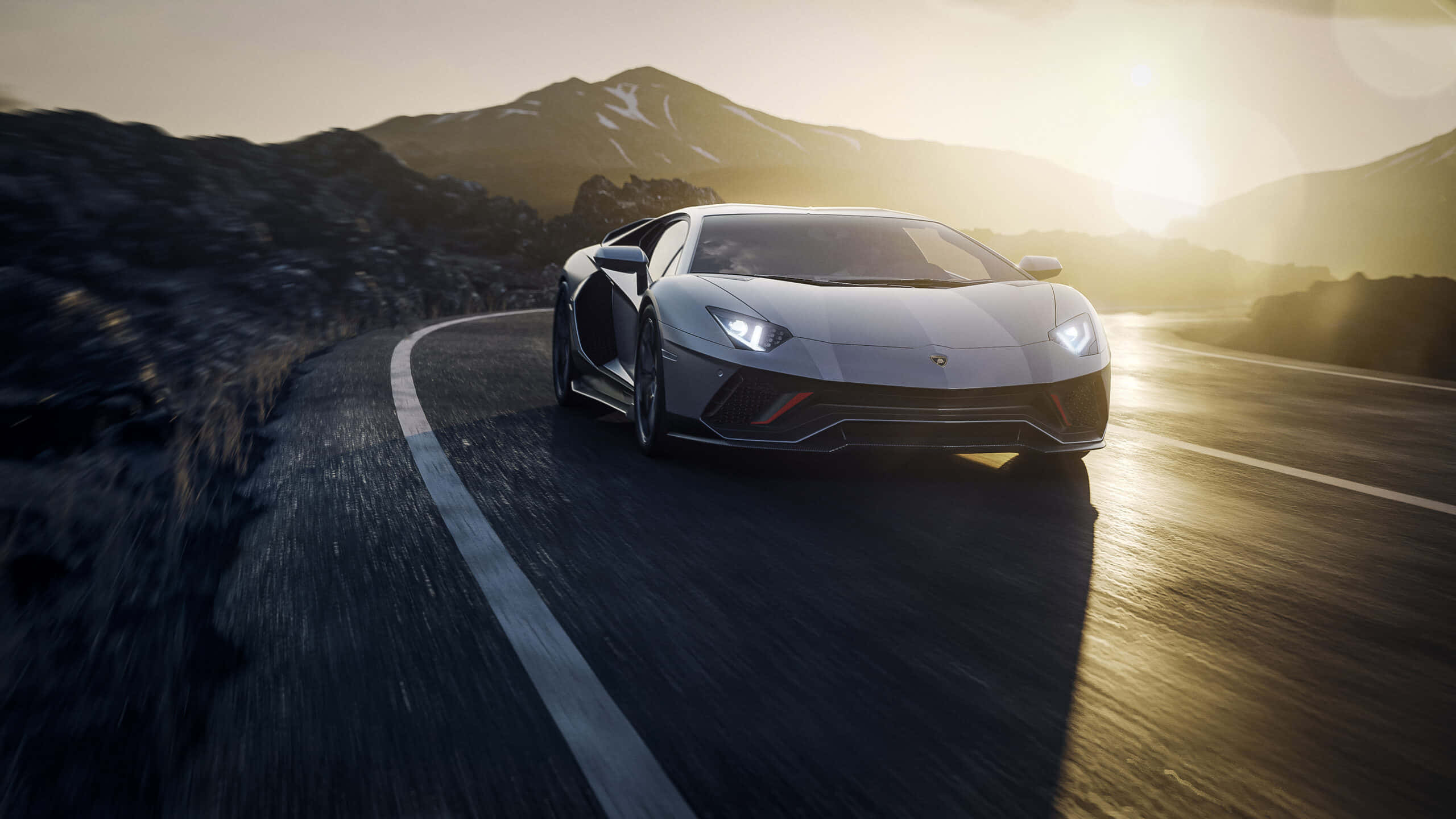 Lamborghini Aventador, silver, winding mountain road, 2K Desktop Wallpaper
