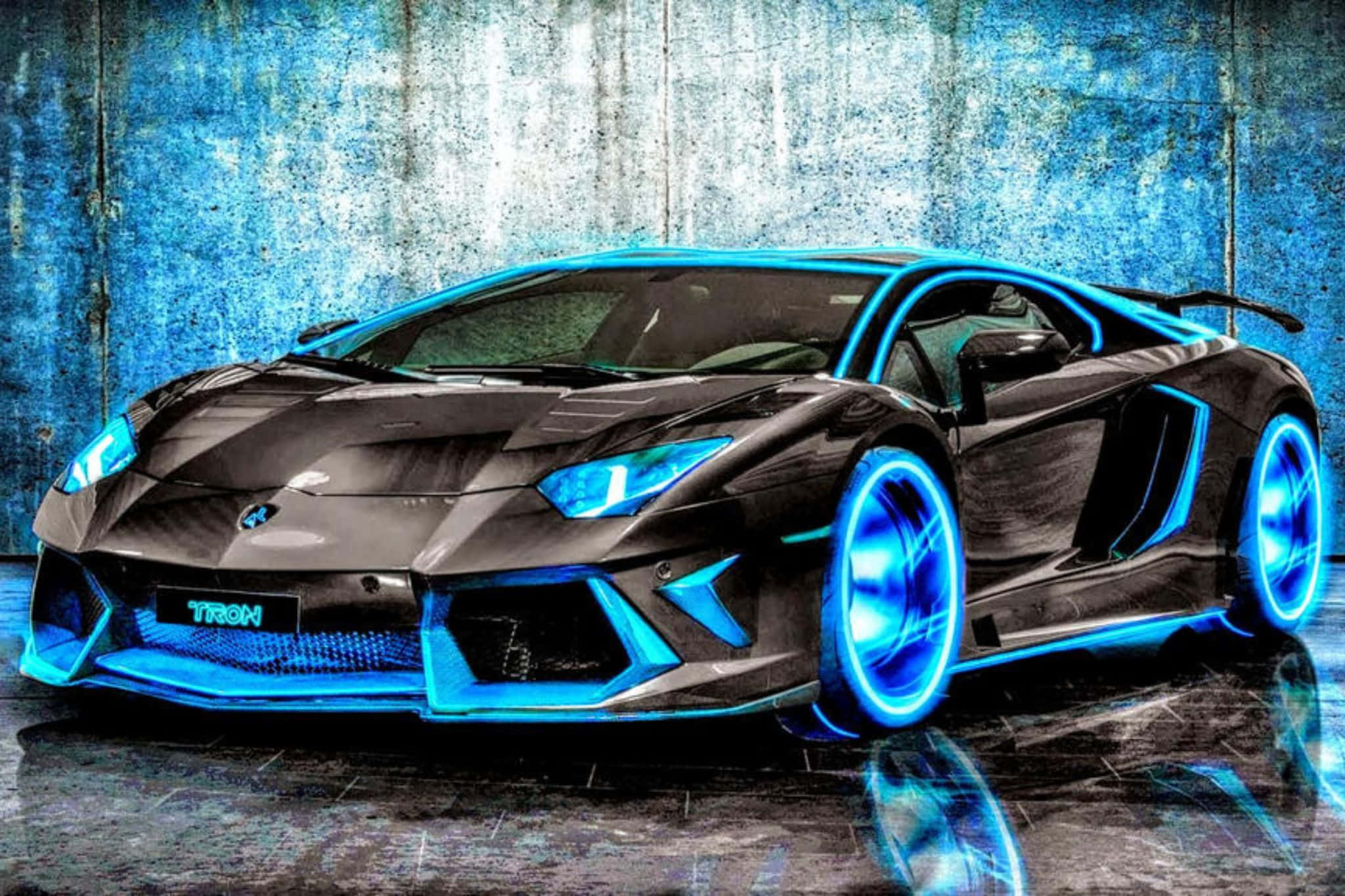 Lamborghini Aventador, black, glowing blue neon accents, Full HD Desktop Wallpaper