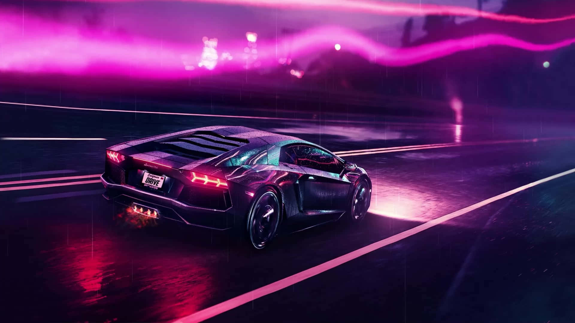 Lamborghini Aventador, neon-drenched rain, futuristic city street, Full HD Desktop Wallpaper