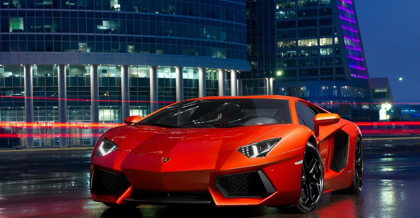 Lamborghini Aventador, fiery orange, neon city lights, HD Desktop Wallpaper