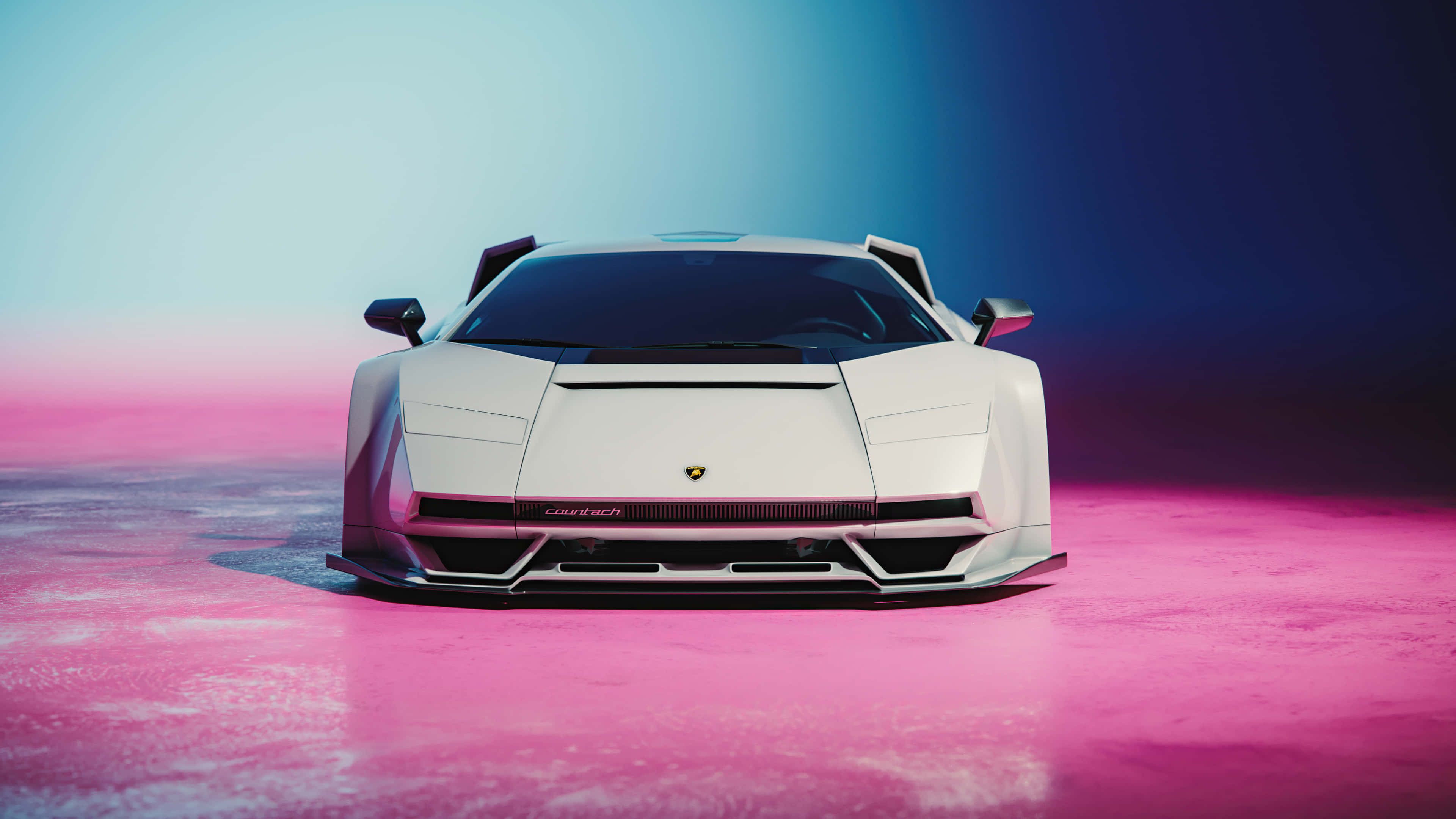 Lamborghini Countach, white, glowing pink surface, 4K Desktop Wallpaper