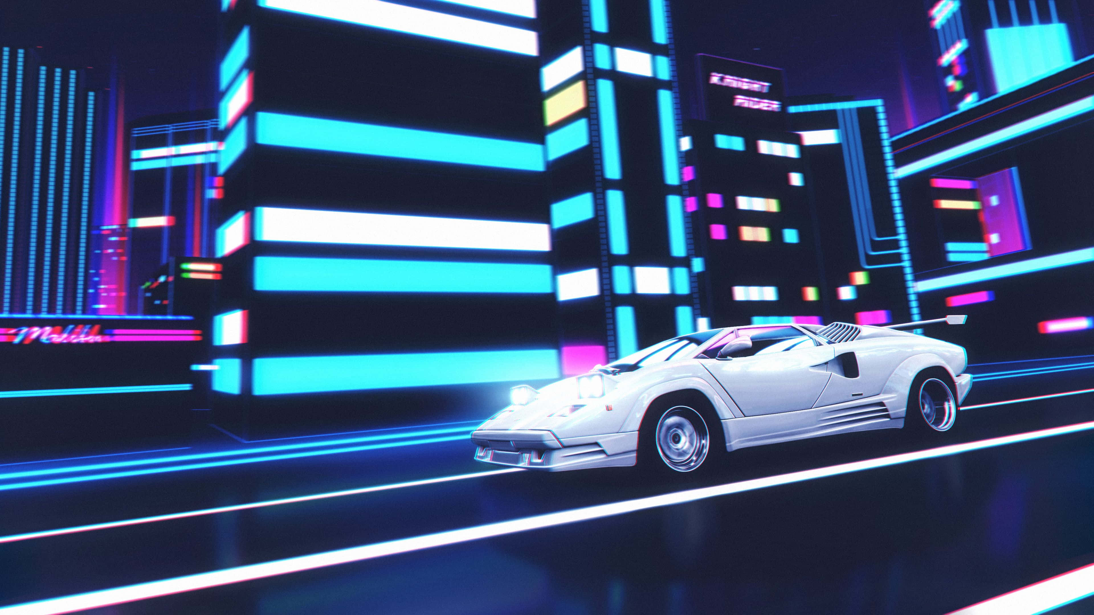 Lamborghini Countach, white sports car, neon-drenched cyberpunk cityscape, 4K Desktop Wallpaper
