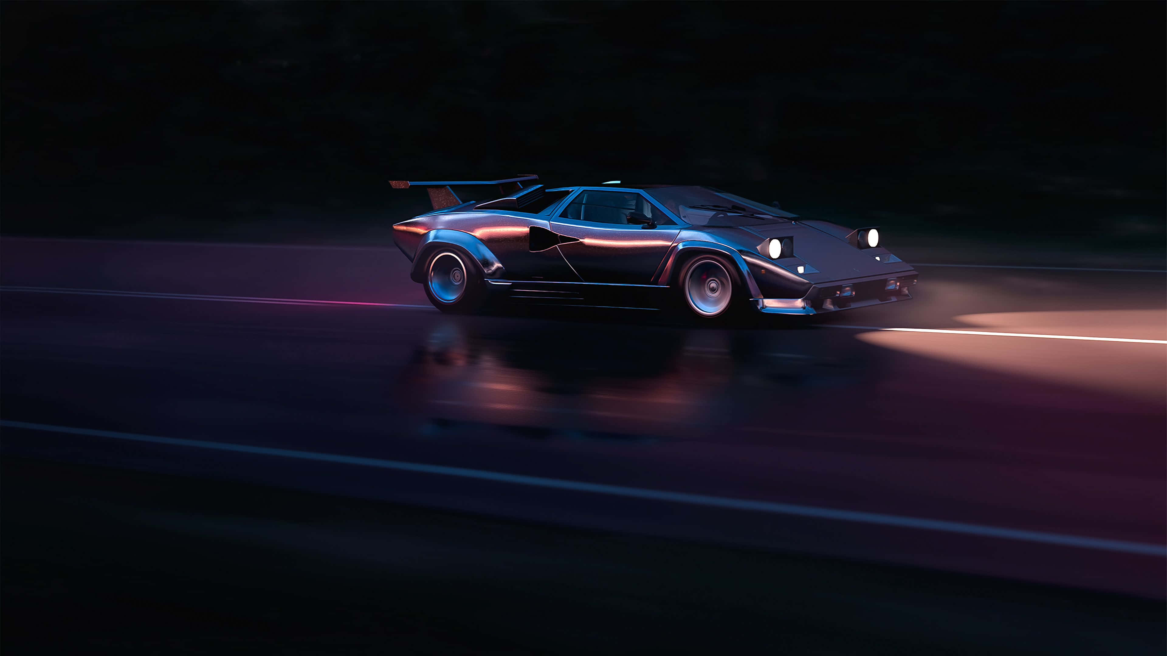 Lamborghini Countach, blue, night, 4K Desktop Wallpaper