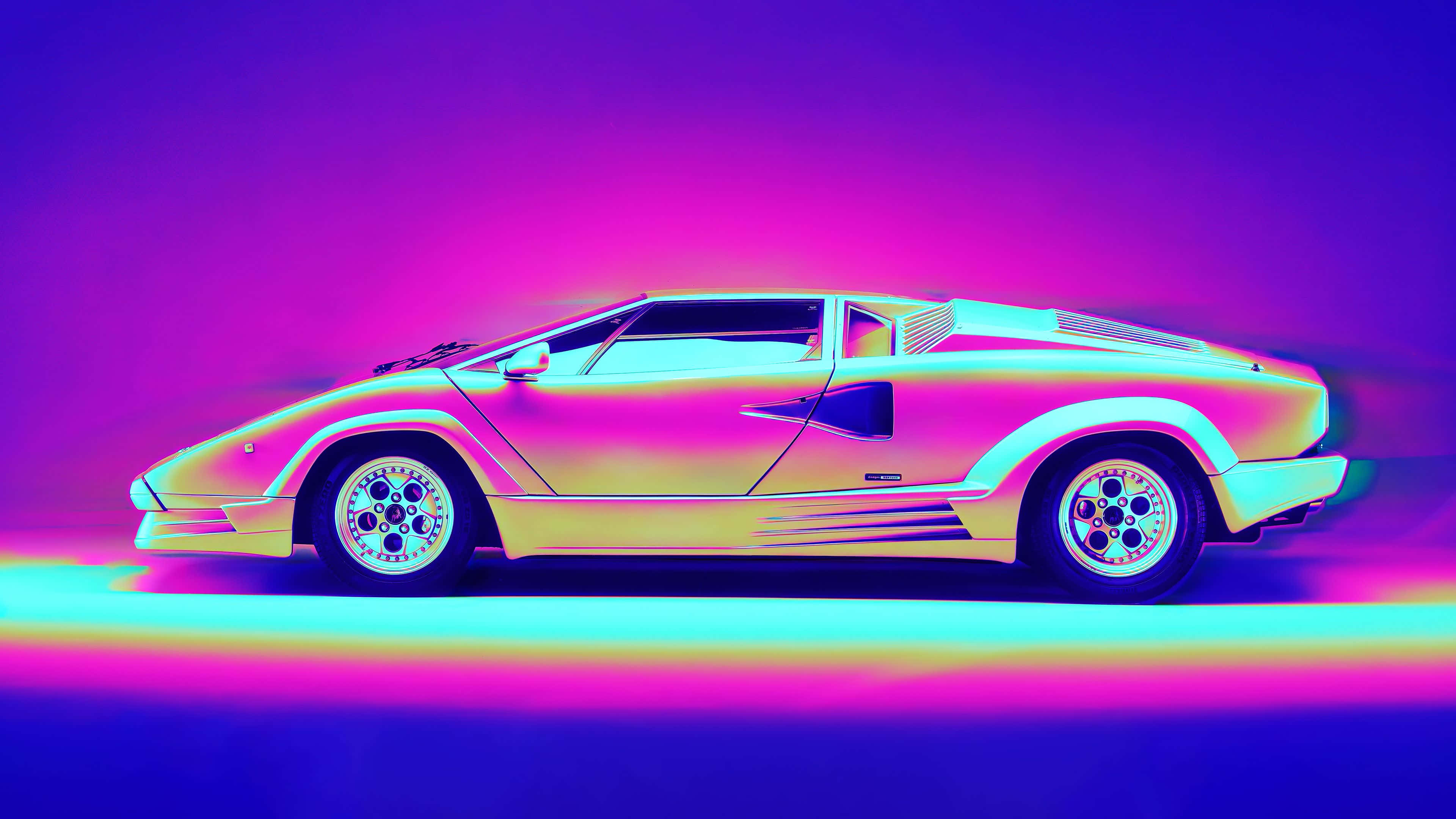 Lamborghini Countach, neon pink, cyan, 4K Desktop Wallpaper