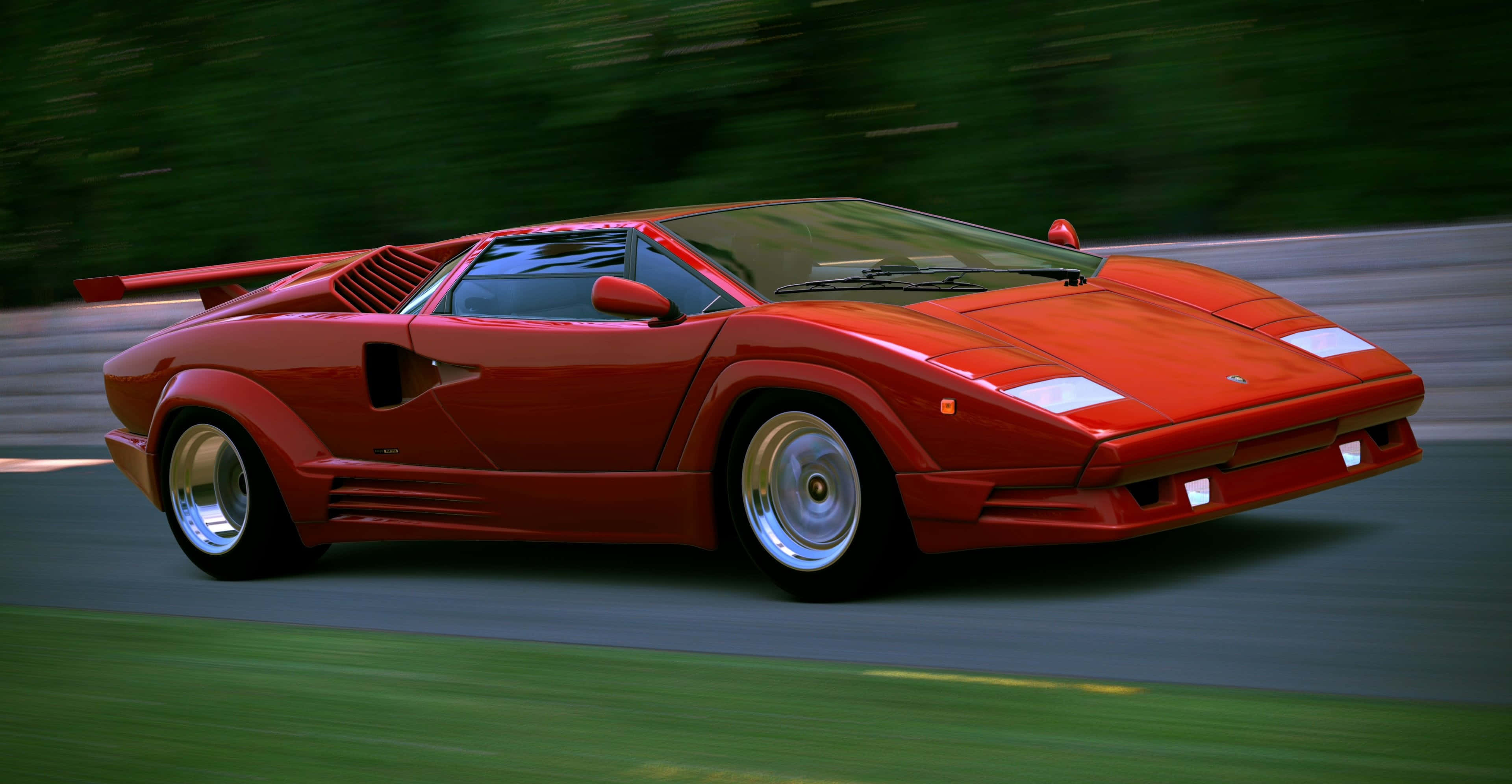 Lamborghini Countach, vibrant red, winding road, 4K Desktop Wallpaper