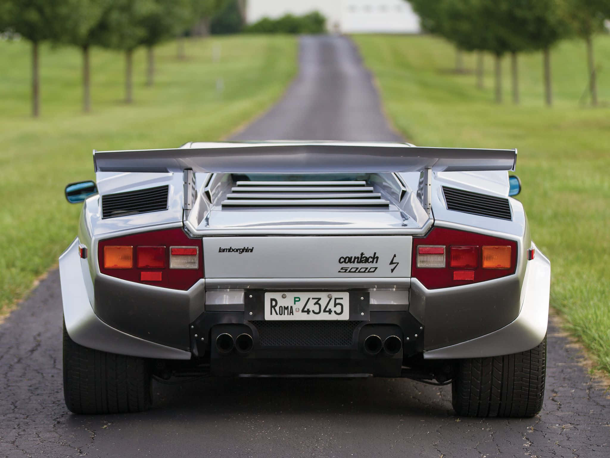 Lamborghini Countach, silver, tree-lined road, Full HD Desktop Wallpaper