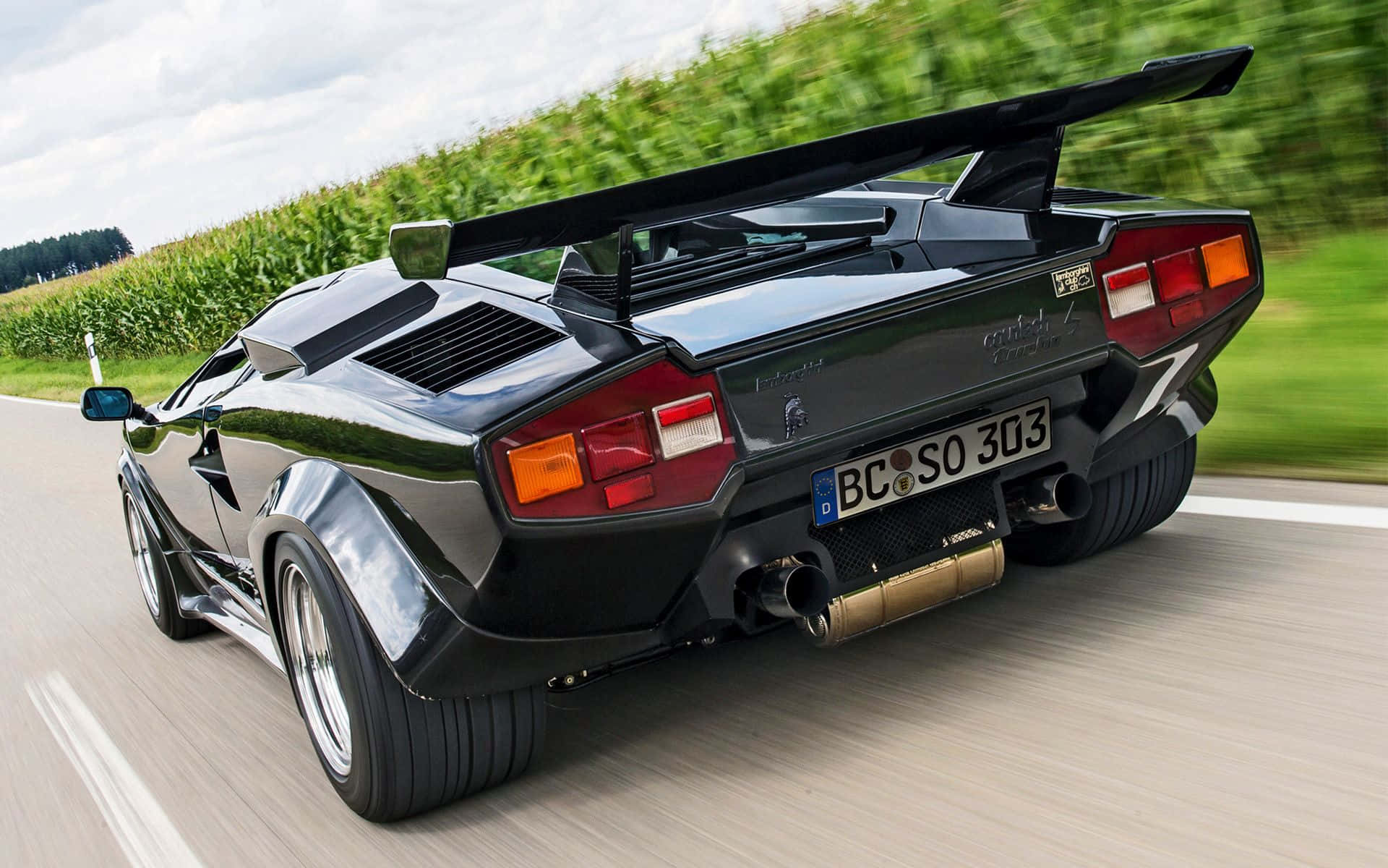 Lamborghini Countach, black, rural road, Full HD Desktop Wallpaper