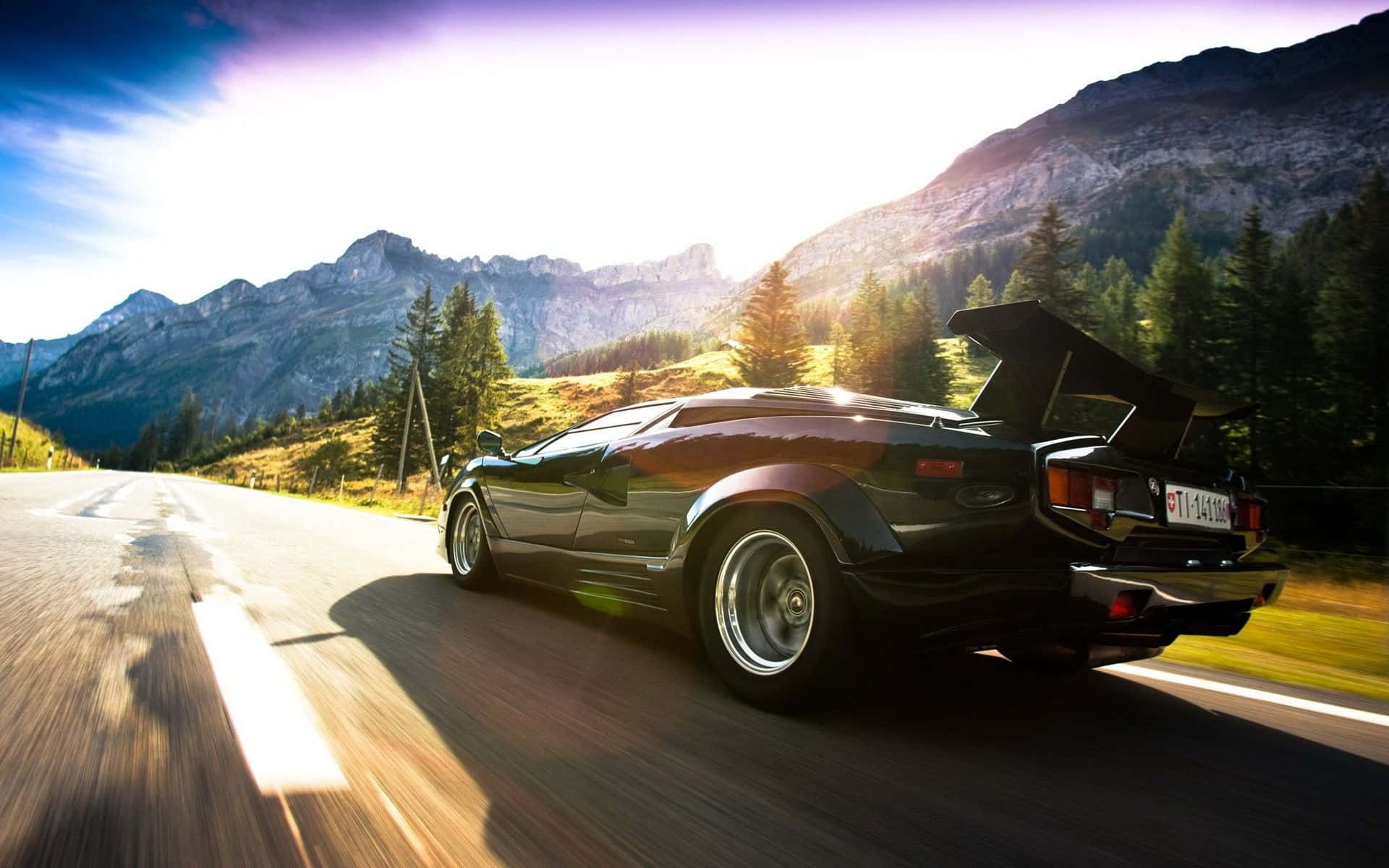 Lamborghini Countach, black, mountain road, Full HD Desktop Wallpaper