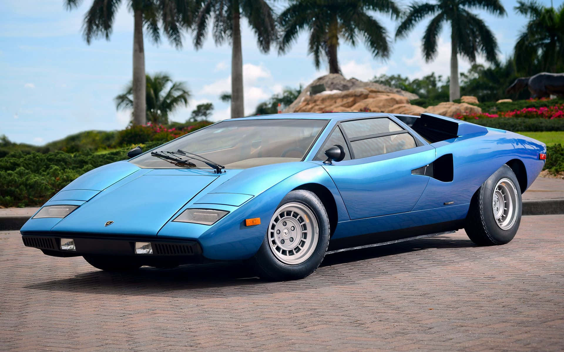 Lamborghini Countach, blue, brick driveway, Full HD Desktop Wallpaper