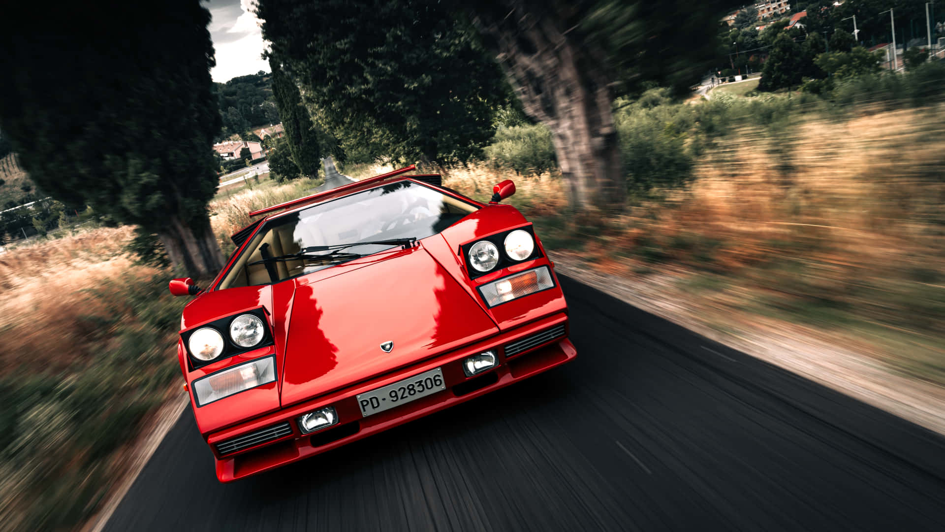 Lamborghini Countach, vibrant red, winding road, Full HD Desktop Wallpaper