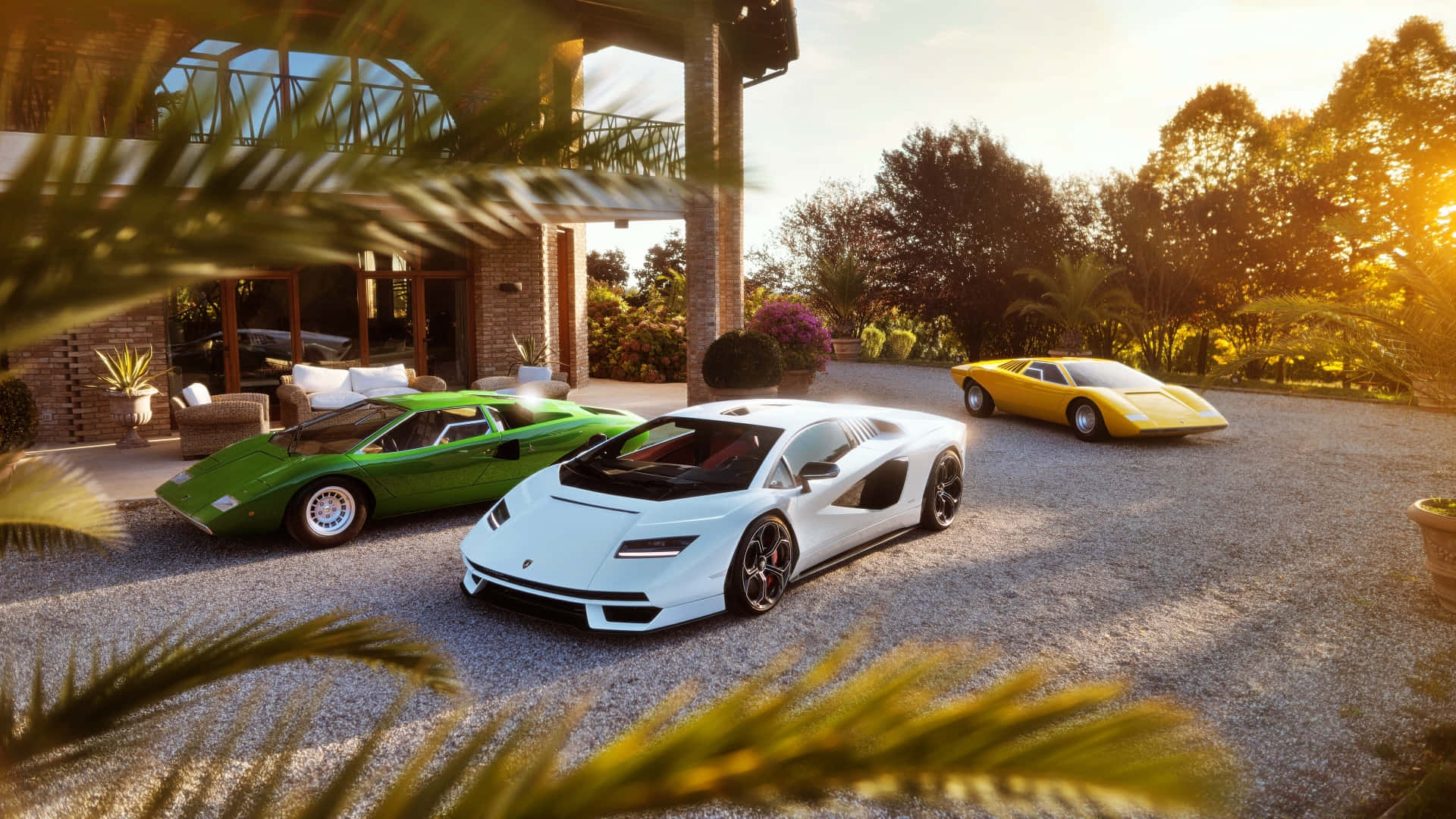 Lamborghini Countach, green white and yellow, gravel driveway, Full HD Desktop Wallpaper