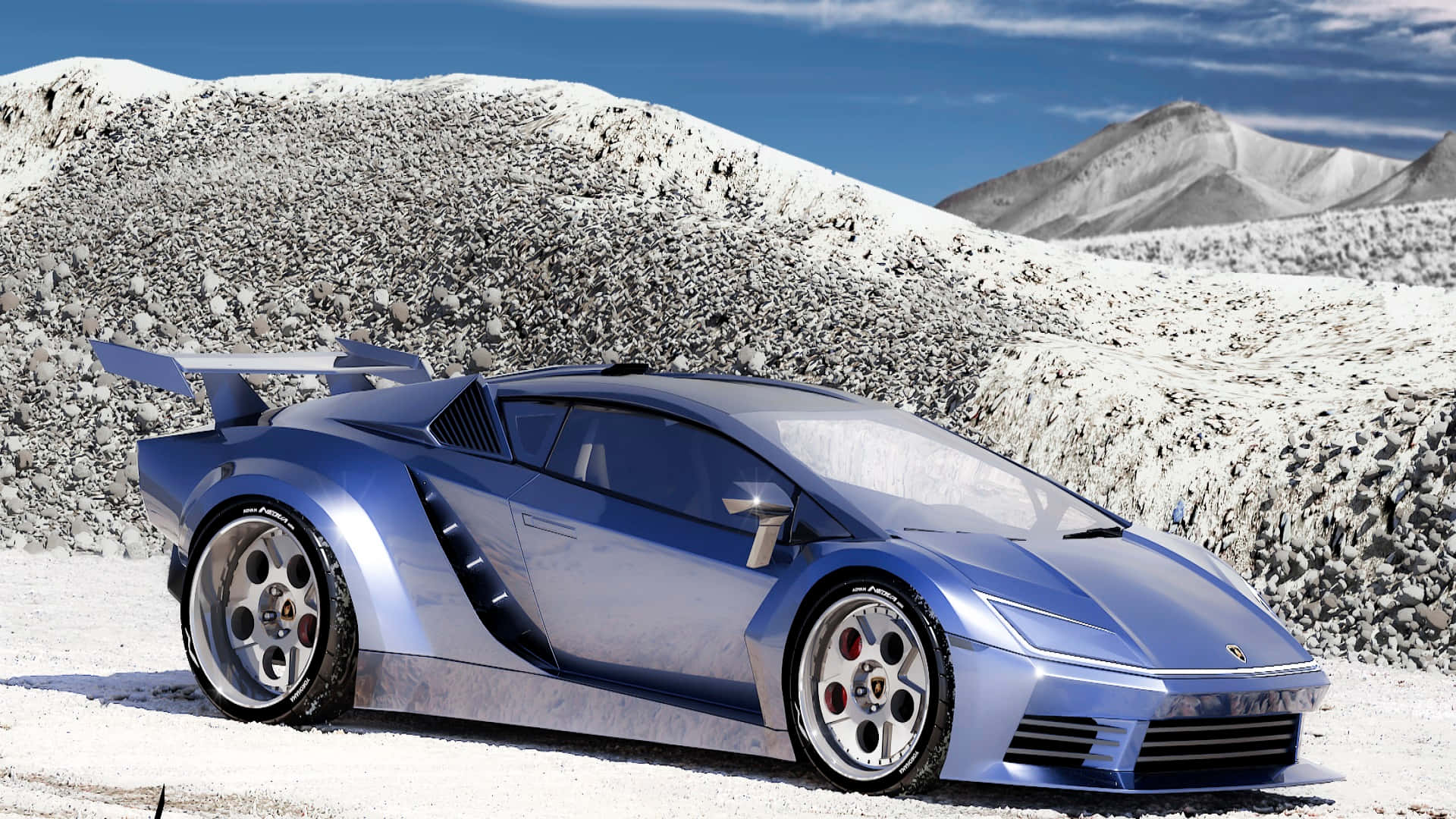 Lamborghini Countach, sleek blue sports car, large rear wing, Full HD Desktop Wallpaper