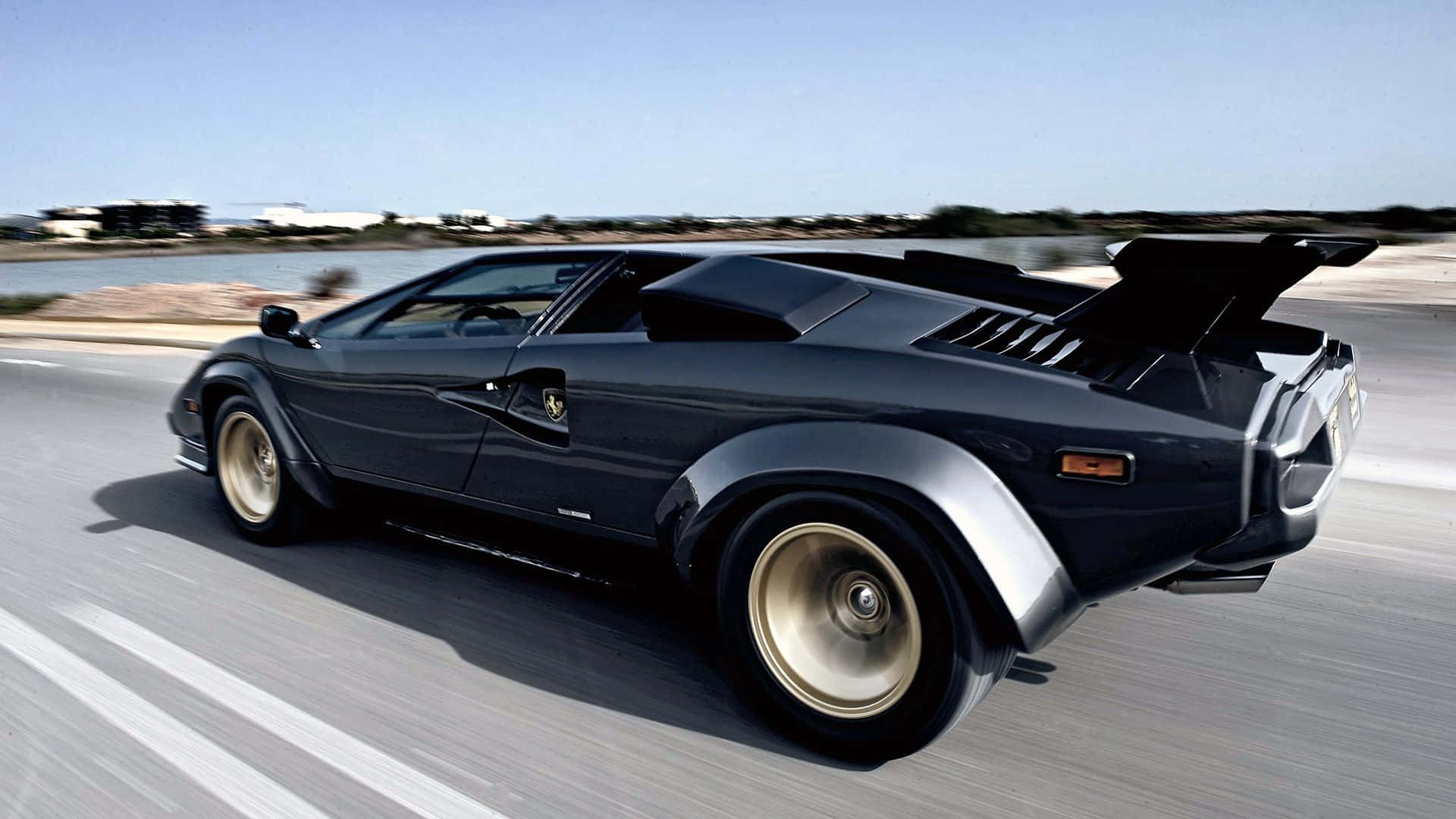 Lamborghini Countach, coastal highway, clear blue sky, Full HD Desktop Wallpaper