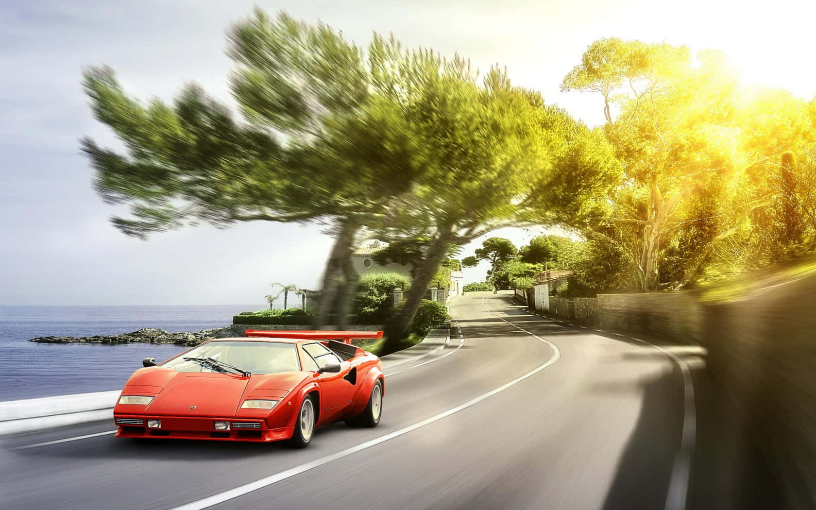 Lamborghini Countach, vibrant red, coastal road, HD Desktop Wallpaper