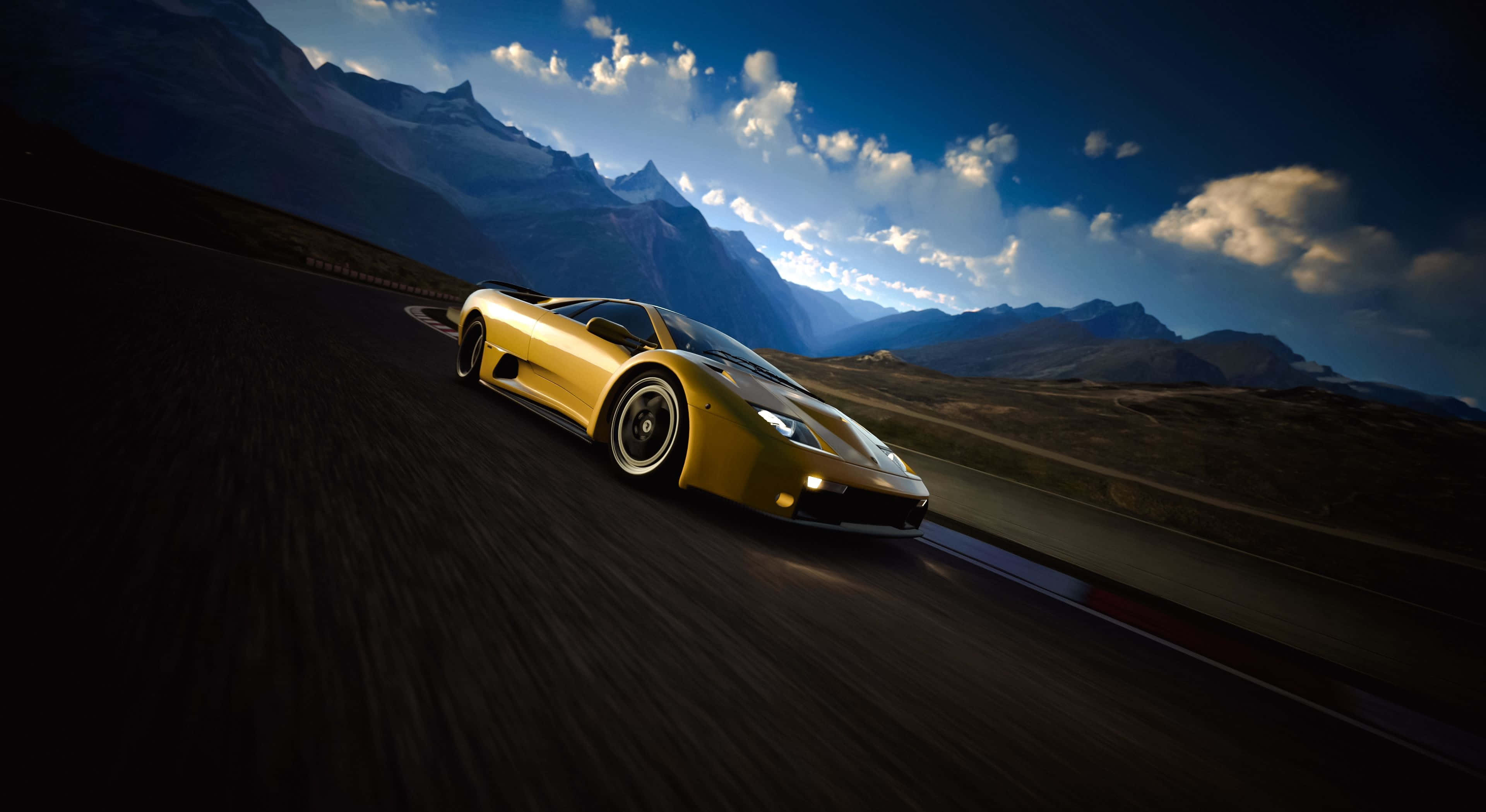 Lamborghini Diablo, golden sports car, mountain road, 4K Desktop Wallpaper