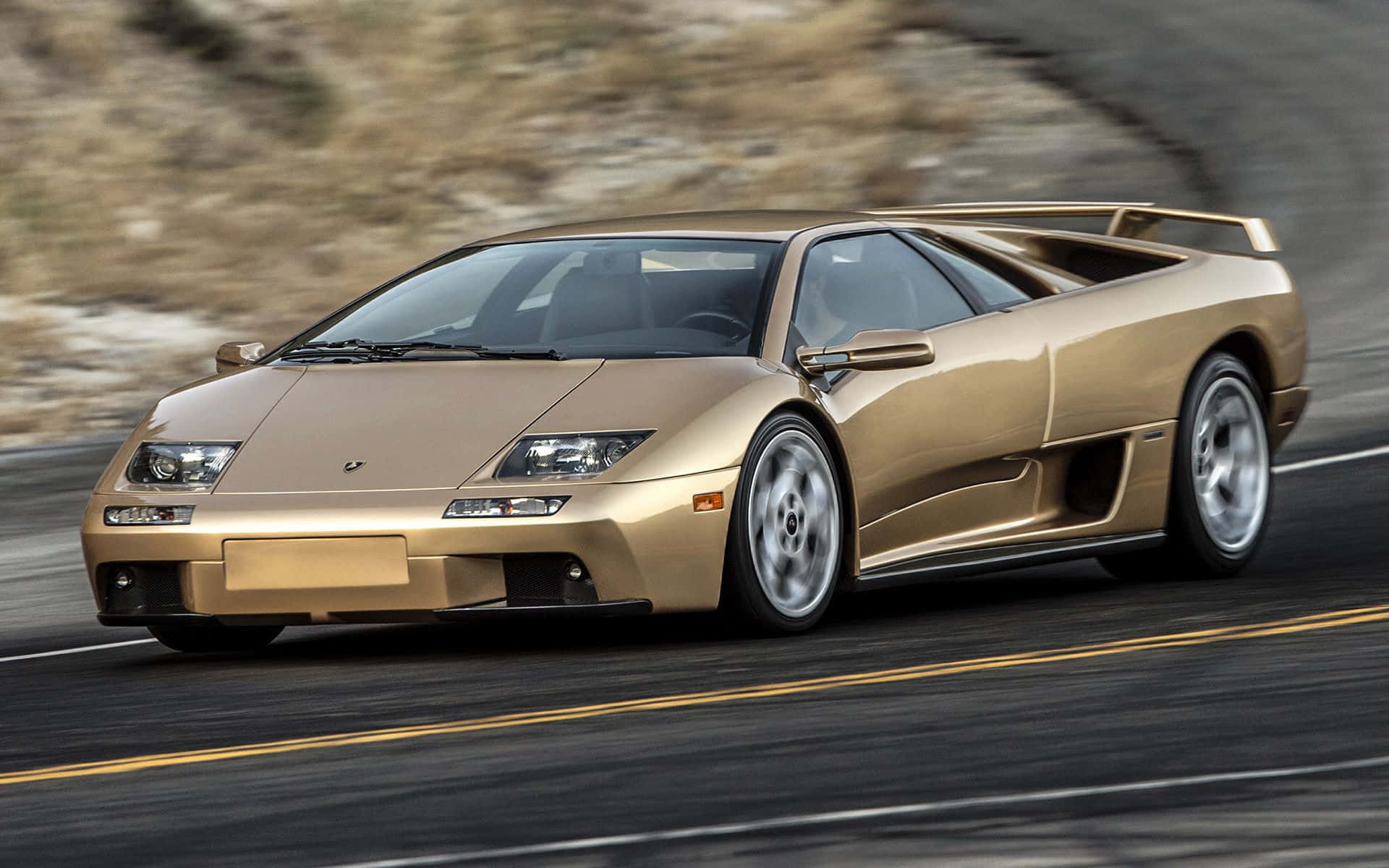 Lamborghini Diablo, gold, winding mountain road, Full HD Desktop Wallpaper