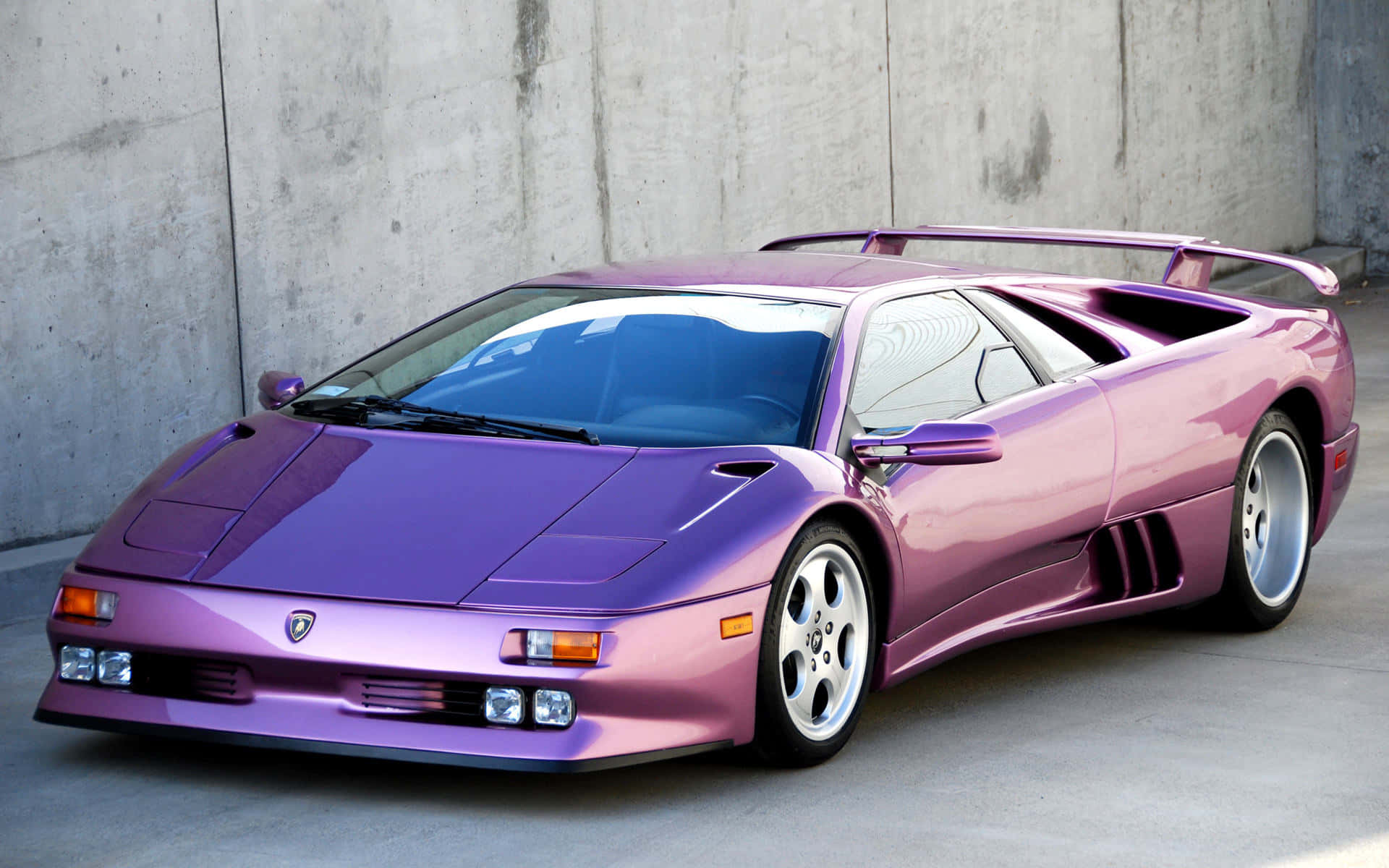 Lamborghini Diablo, glossy purple, concrete wall, Full HD Desktop Wallpaper