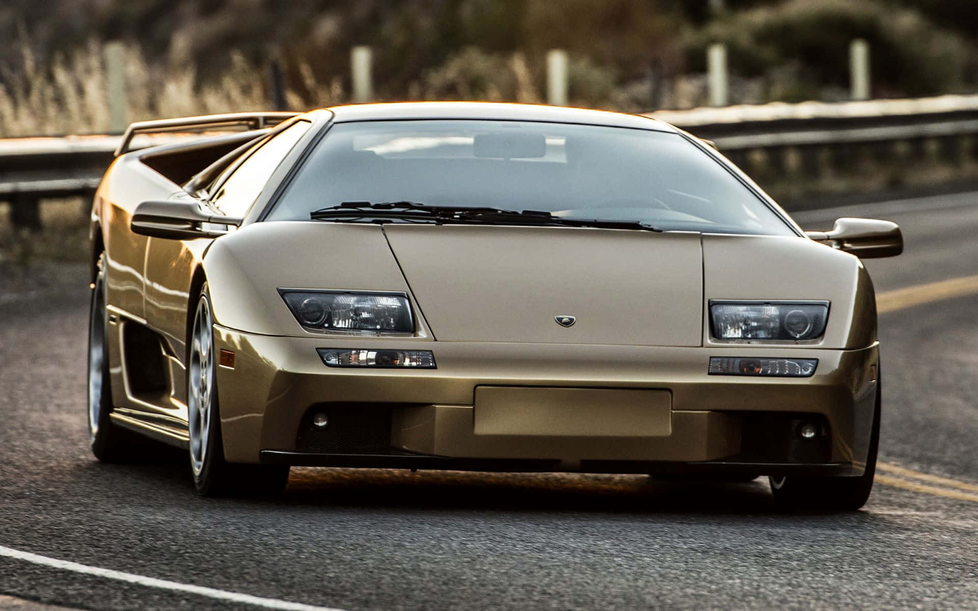 Lamborghini Diablo, gold, sunlit highway, Full HD Desktop Wallpaper
