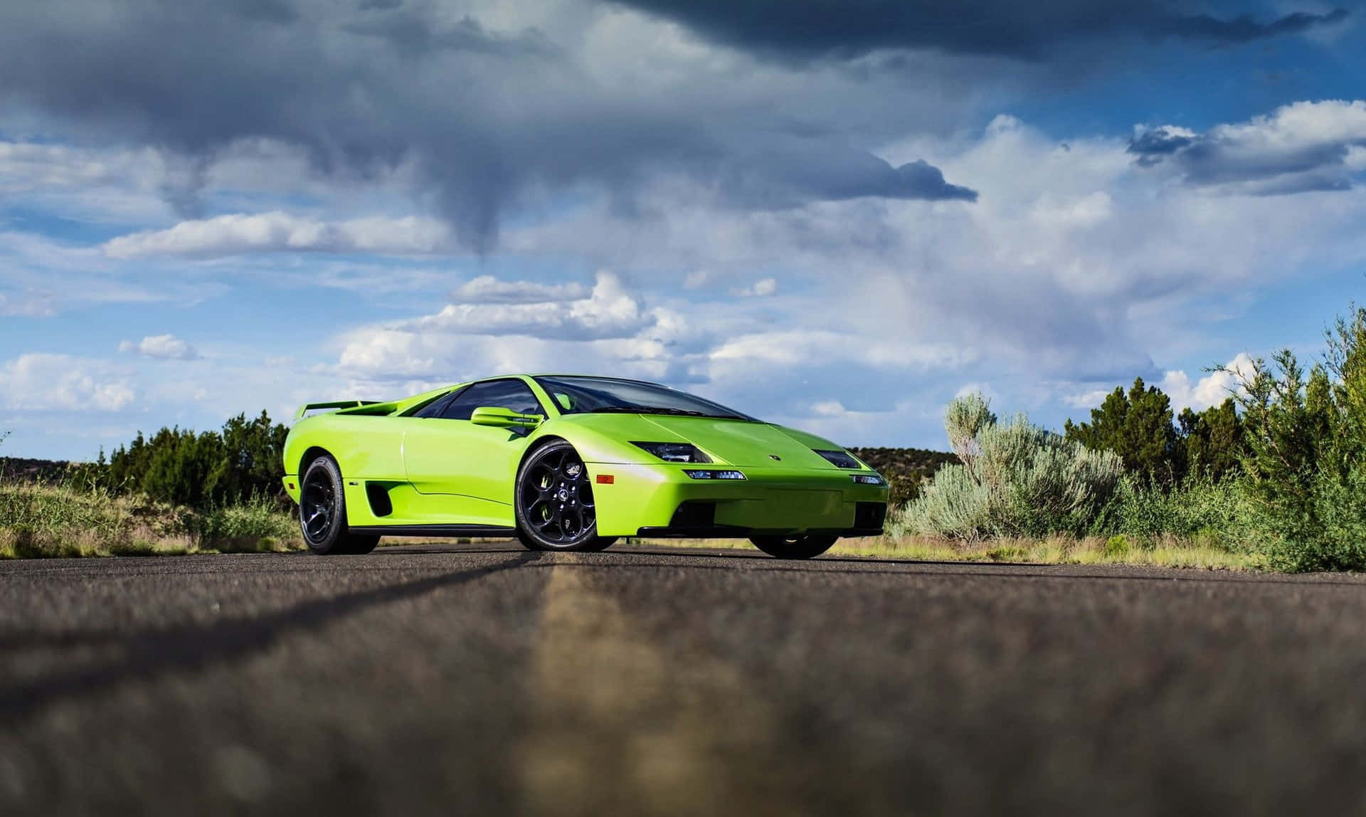 Lamborghini Diablo, lime green, desert road, Full HD Desktop Wallpaper