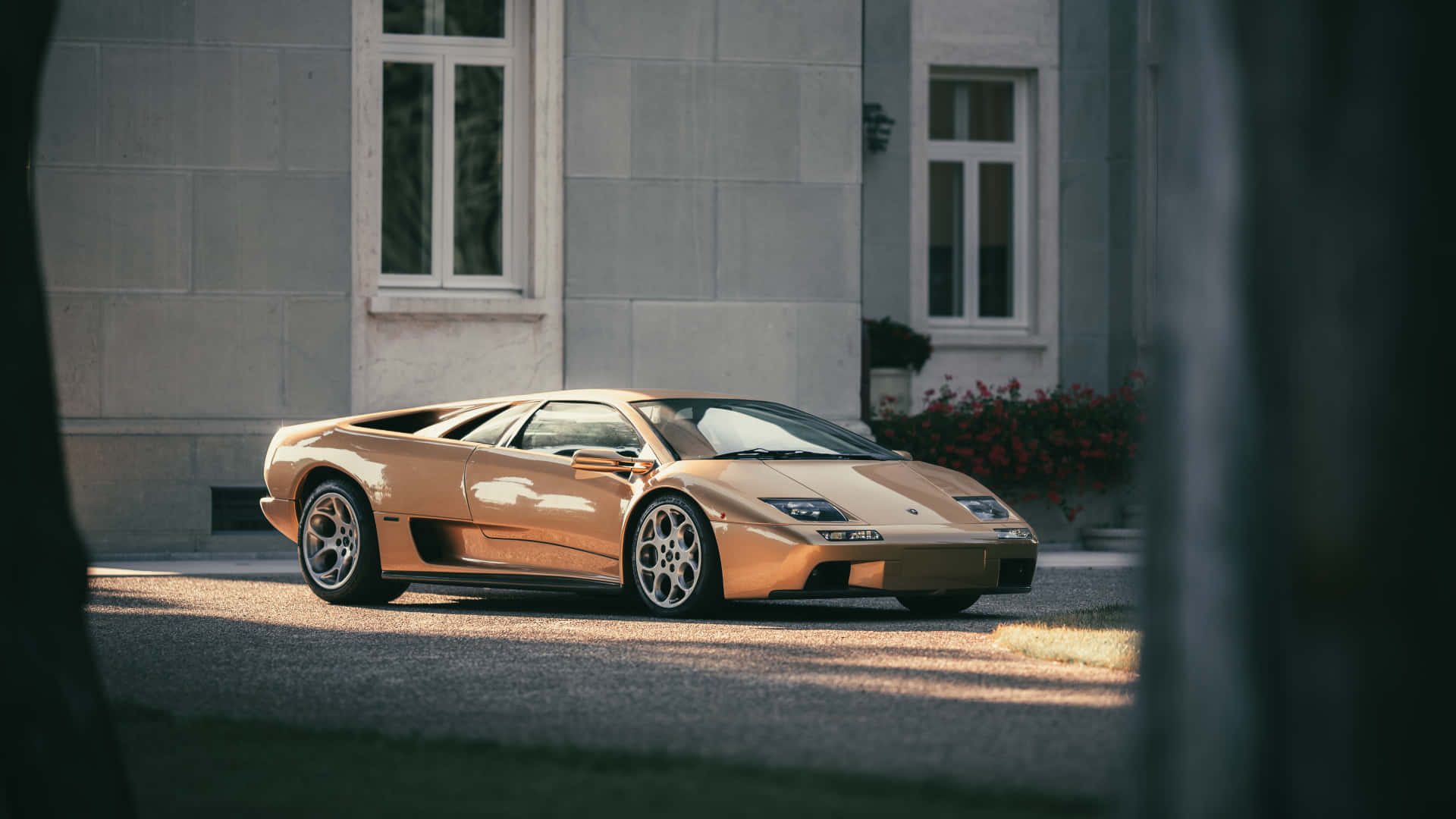 Lamborghini Diablo, gold, stone mansion, Full HD Desktop Wallpaper