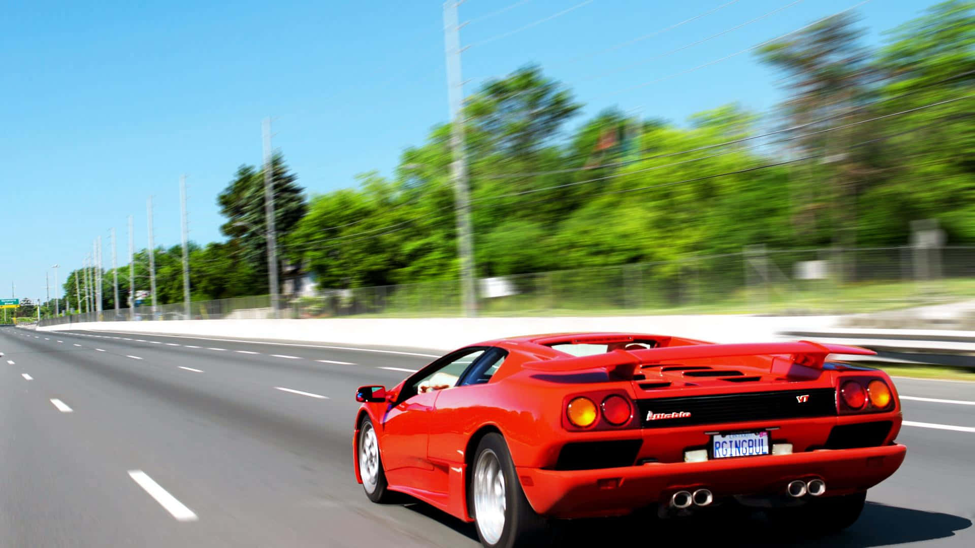 Lamborghini Diablo, vibrant red, sunlit highway, Full HD Desktop Wallpaper