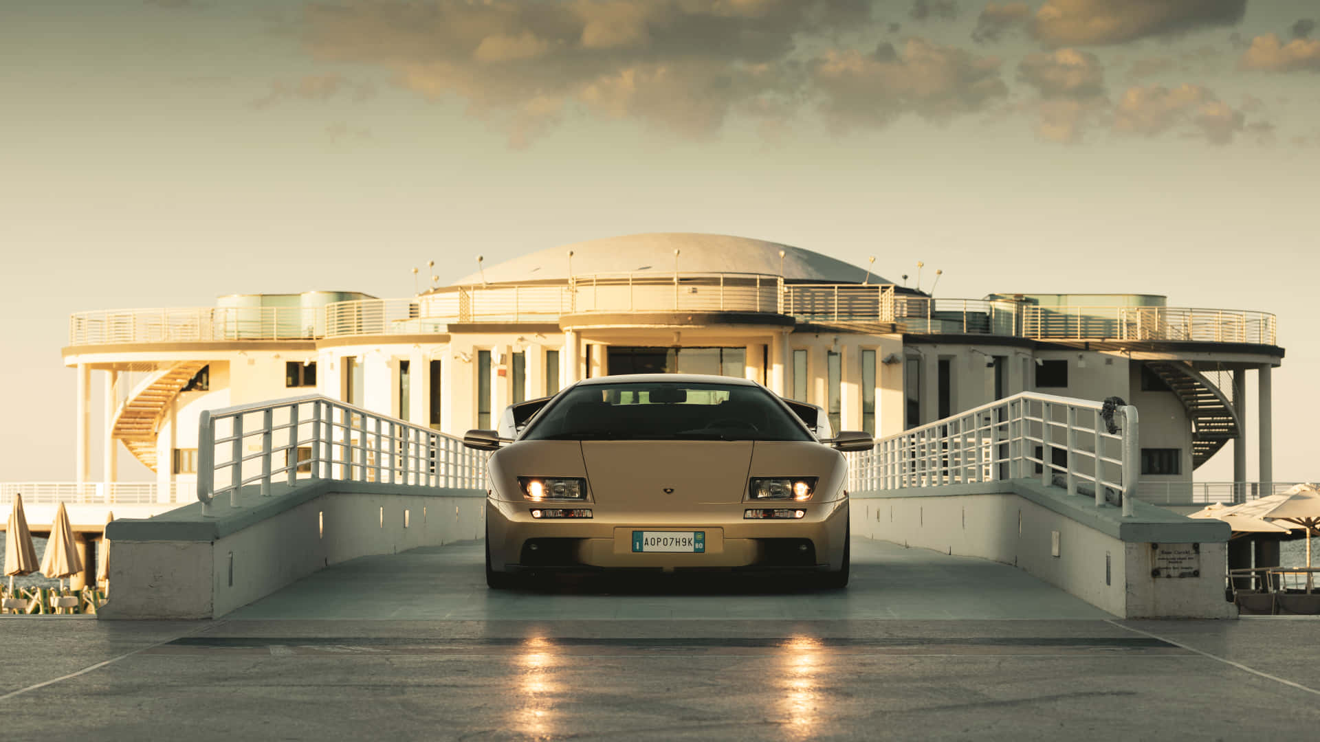 Lamborghini Diablo, gold, modern bridge, Full HD Desktop Wallpaper