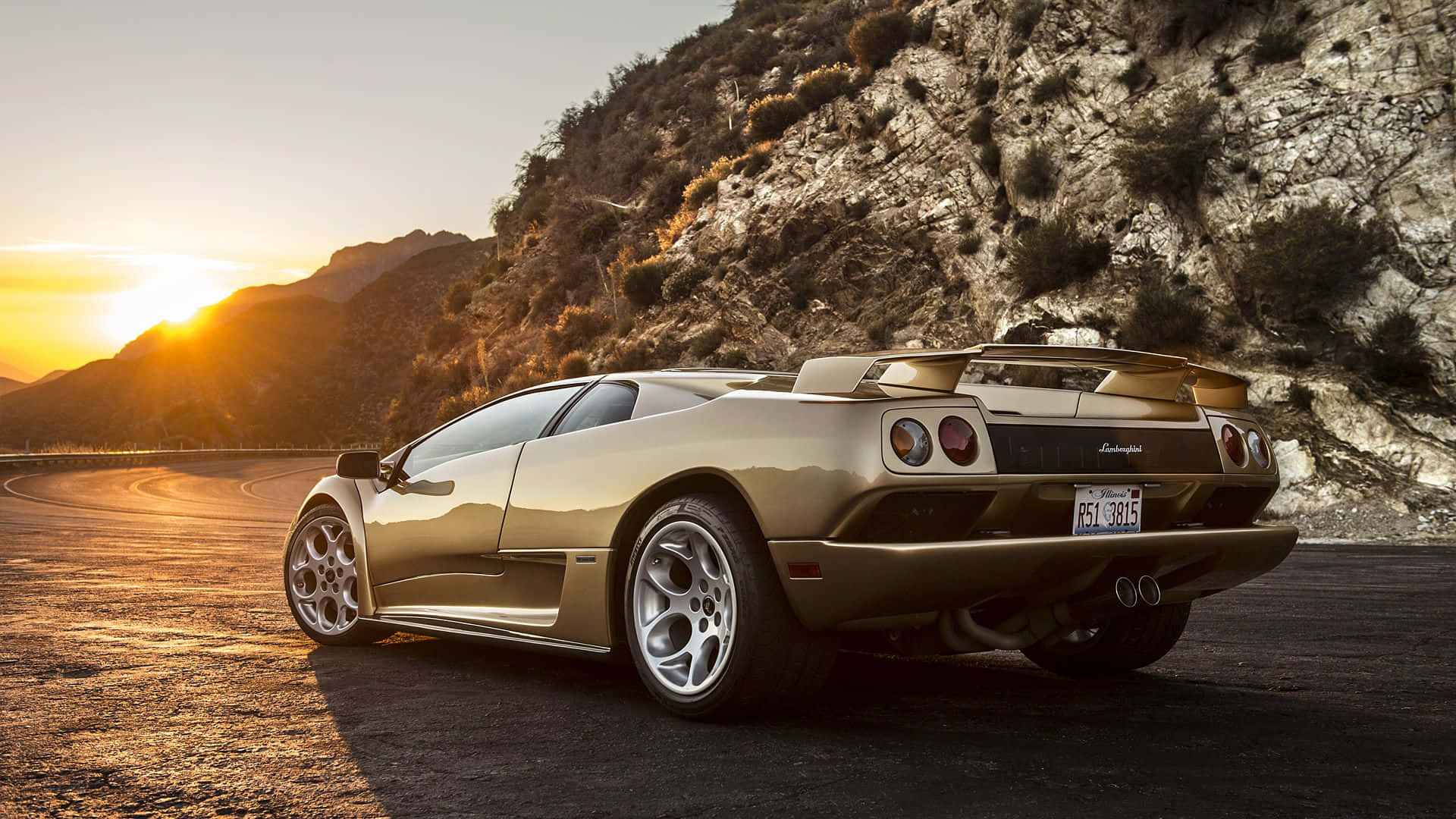 Lamborghini Diablo, gold, winding mountain road, Full HD Desktop Wallpaper